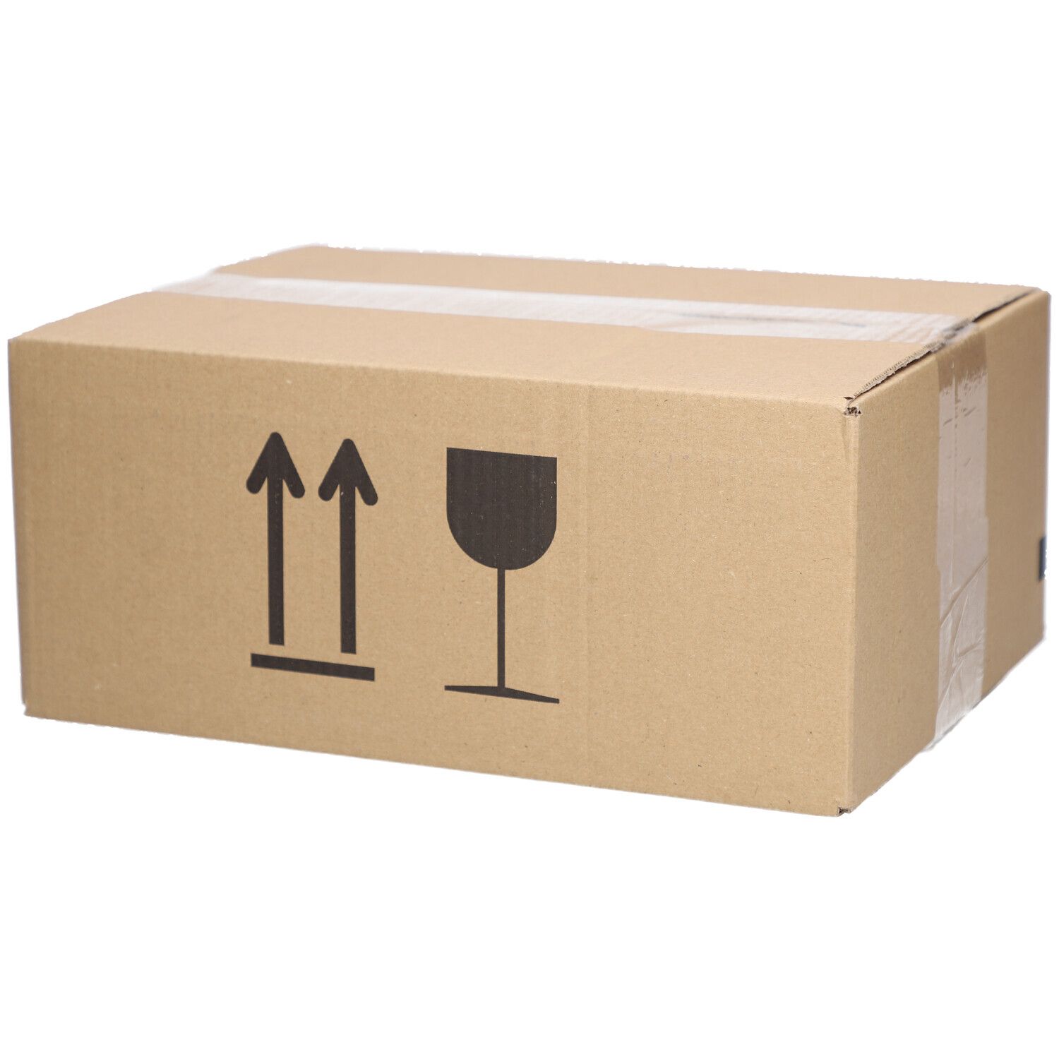 Kartonverpackung mit Pfeil- und Glas-Symbolen. Klebebandverschluss. Ecke mit schwarzem Markierung.