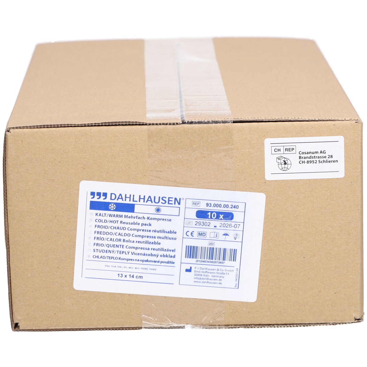 Kartonverpackung mit Produktetikett. Etikett mit Produktname, Größe 13 x 14 cm, und DAHLHAUSEN Logo. Pfeil- und Glas-Symbole.