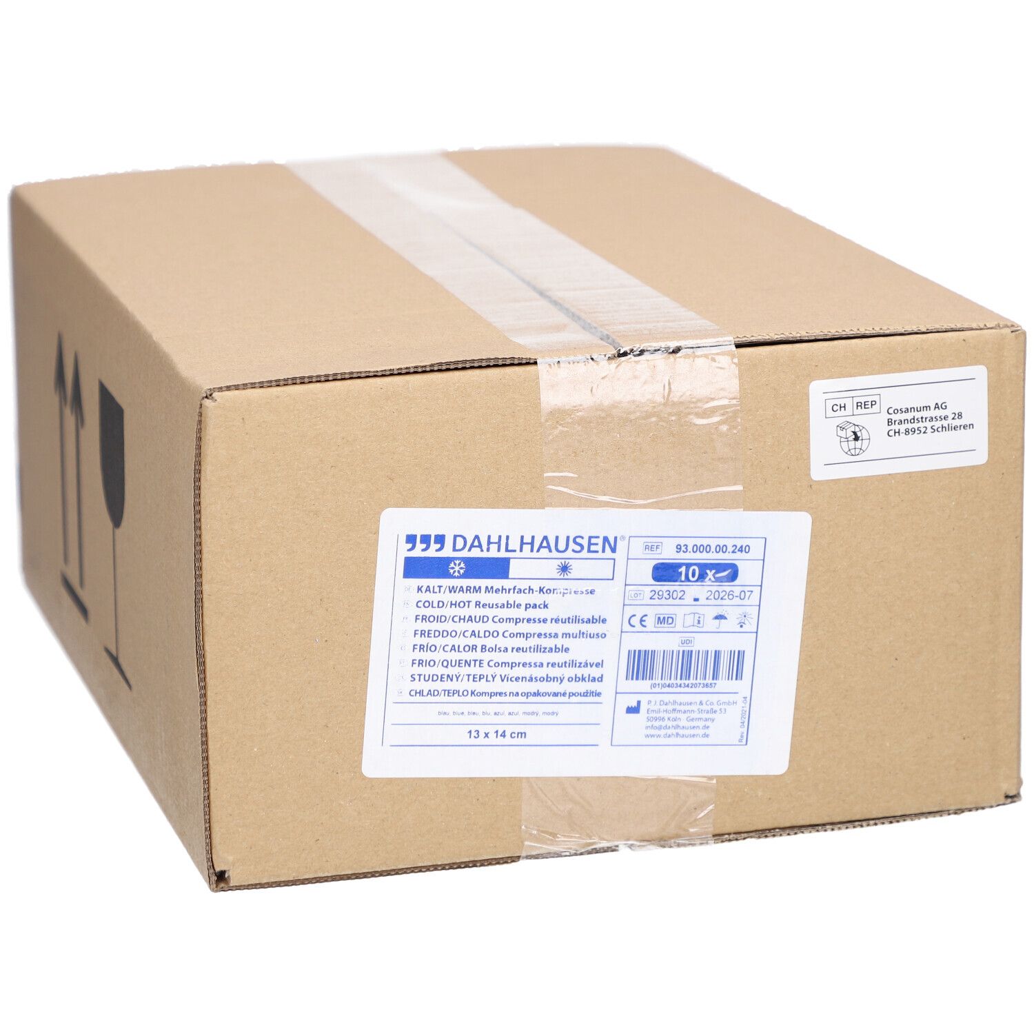 Kartonverpackung mit Produktetikett. Etikett mit Produktname, Größe 13 x 14 cm, und DAHLHAUSEN Logo. Pfeil- und Glas-Symbole.