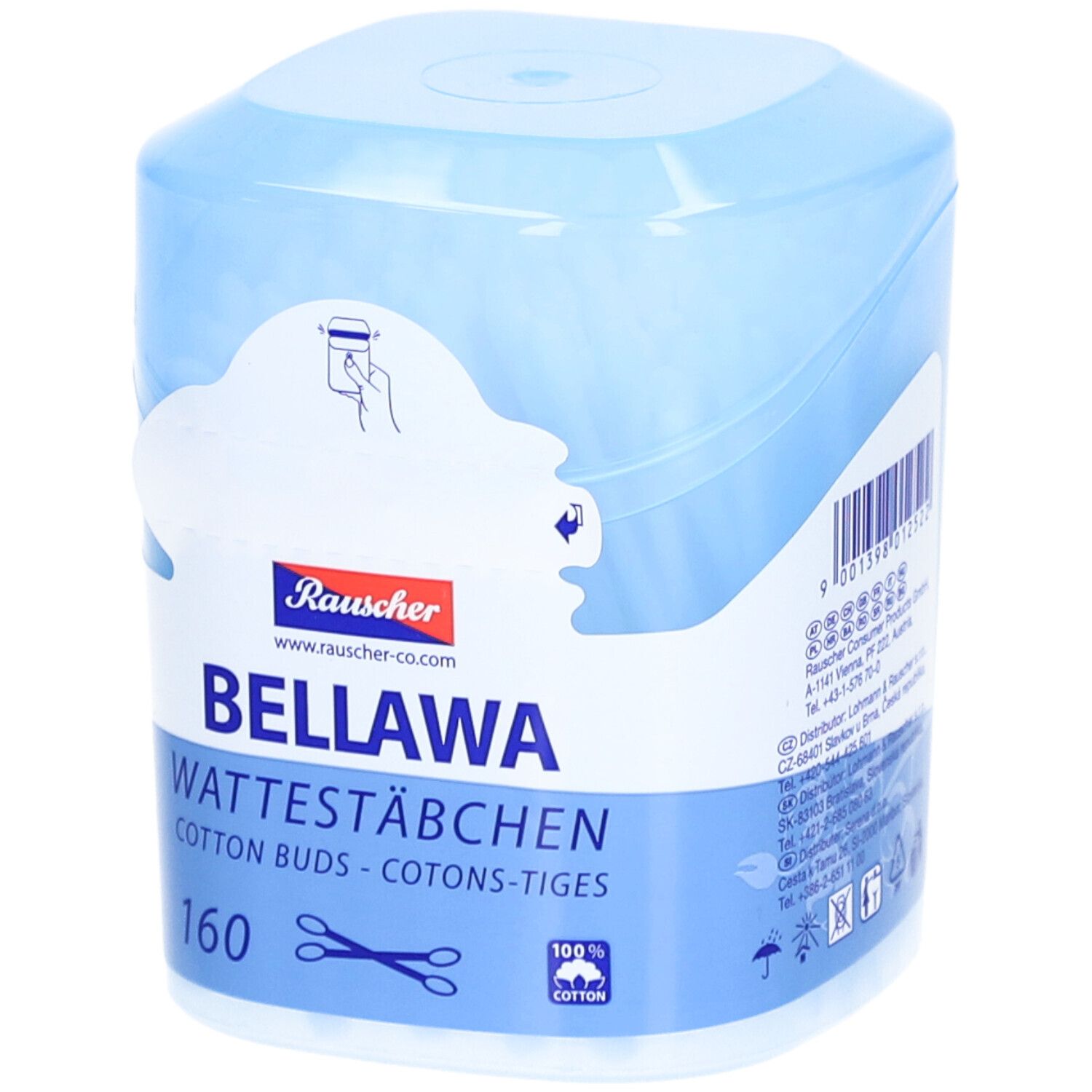 Hellblaue Dose mit Wattestäbchen. Aufschrift: BELLAWA, 160 Stück, 100% Baumwolle. Herstellerlogo Rauscher.