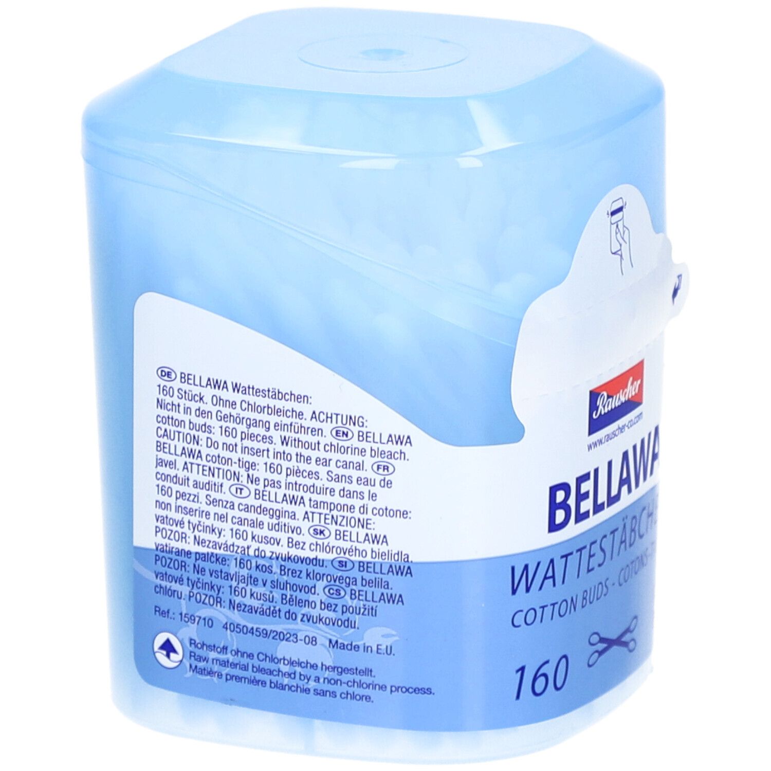 Hellblaue Dose mit Wattestäbchen. Aufschrift: BELLAWA, 160 Stück. Warnhinweis. Herstellerlogo Rauscher.
