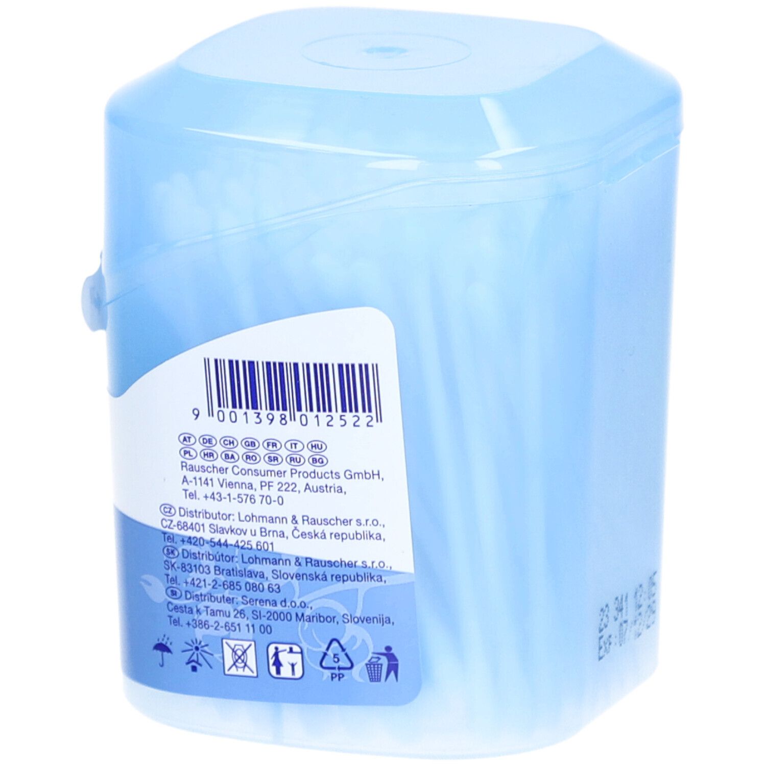 Hellblaue Dose mit Wattestäbchen. Rückseite mit Barcode und Herstellerinformationen. Dose geöffnet.