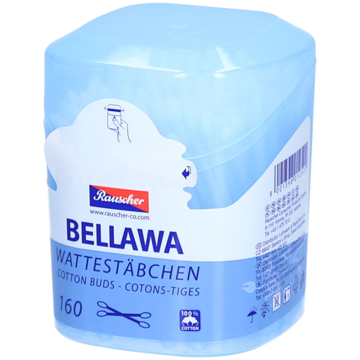 Hellblaue Dose mit Wattestäbchen. Aufschrift: BELLAWA, 160 Stück, 100% Baumwolle. Herstellerlogo Rauscher.