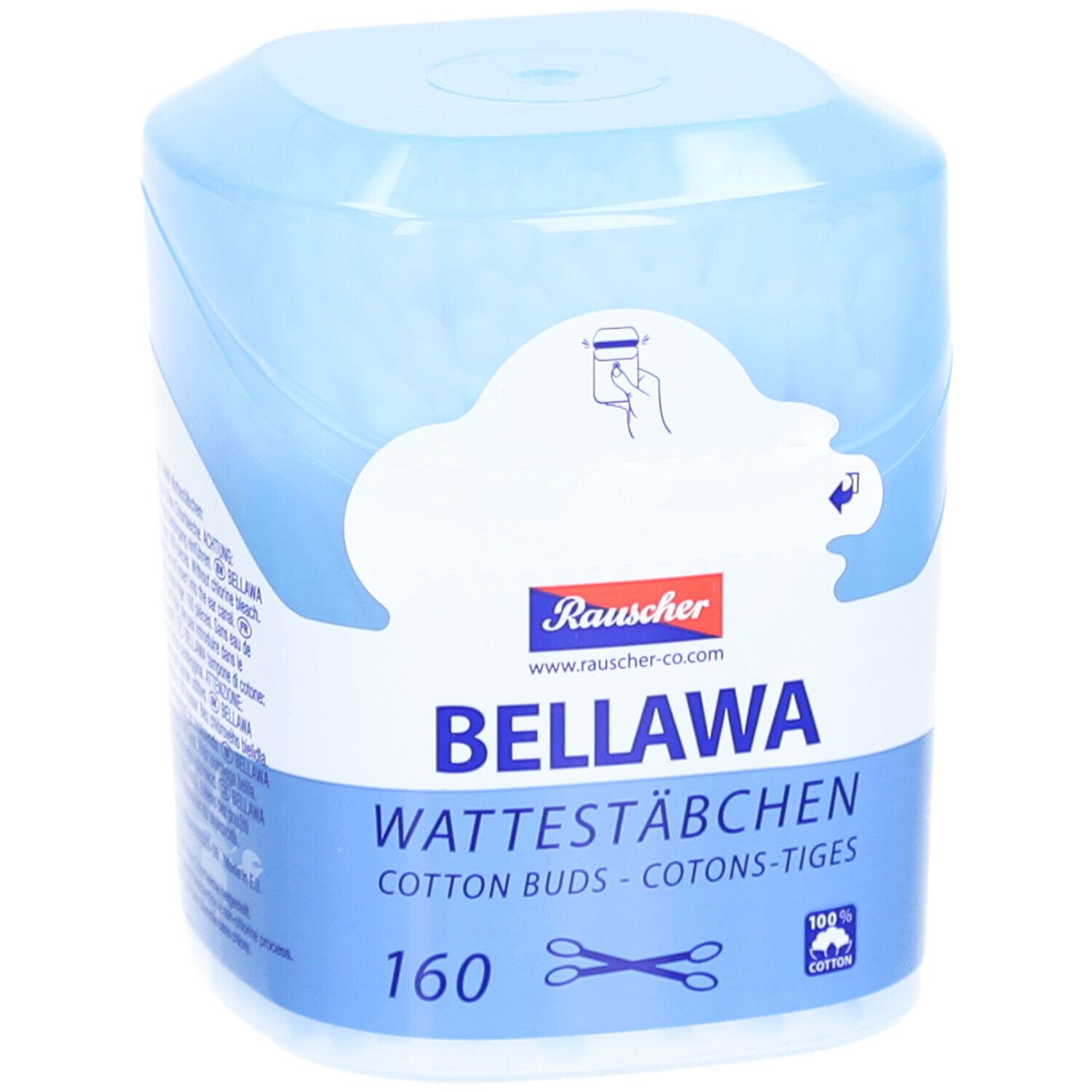Hellblaue Dose mit Wattestäbchen. Aufschrift: BELLAWA, 160 Stück, 100% Baumwolle. Herstellerlogo Rauscher.