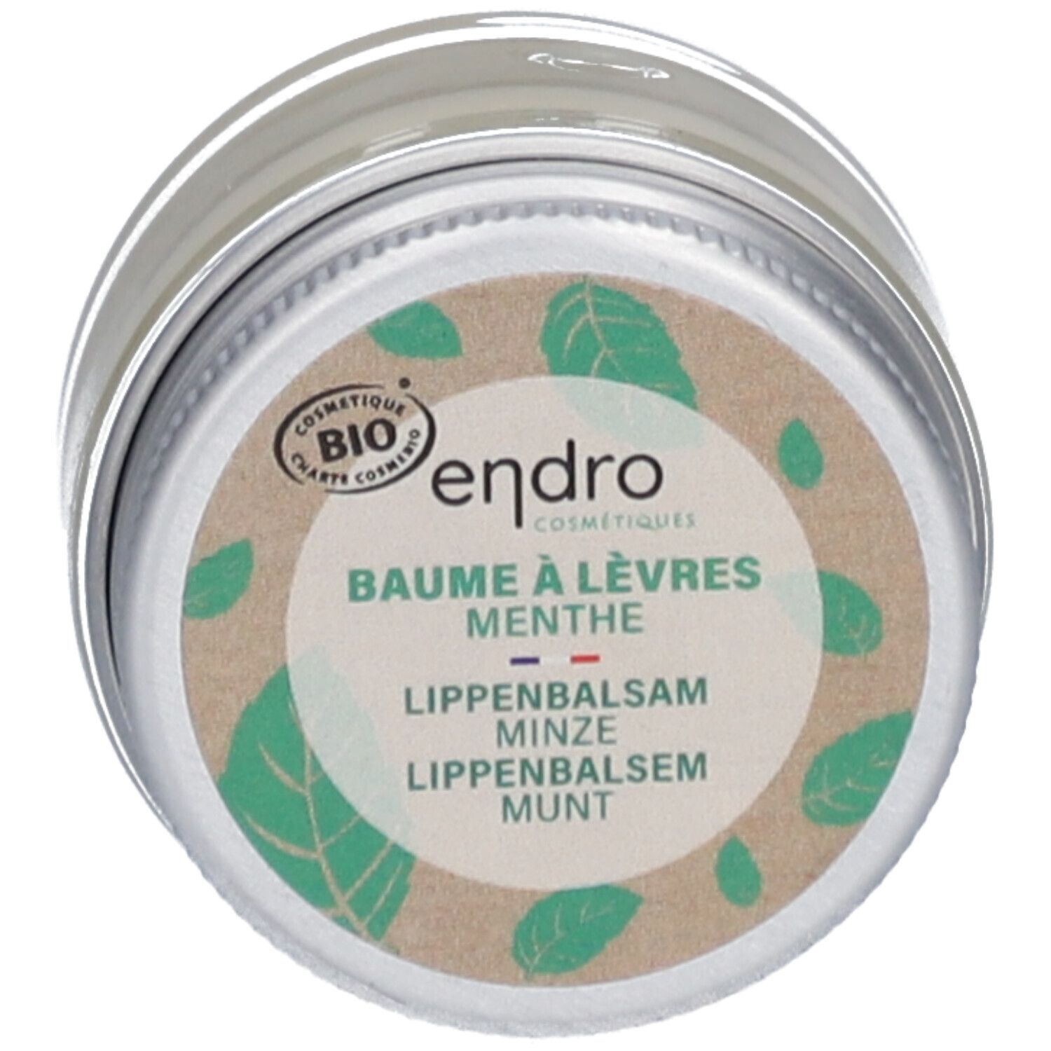 Runder Tiegel mit Deckel. Aufkleber mit "endro"-Logo, "Baume à lèvres Menthe" und Bio-Siegel. Minzblätter-Illustrationen.