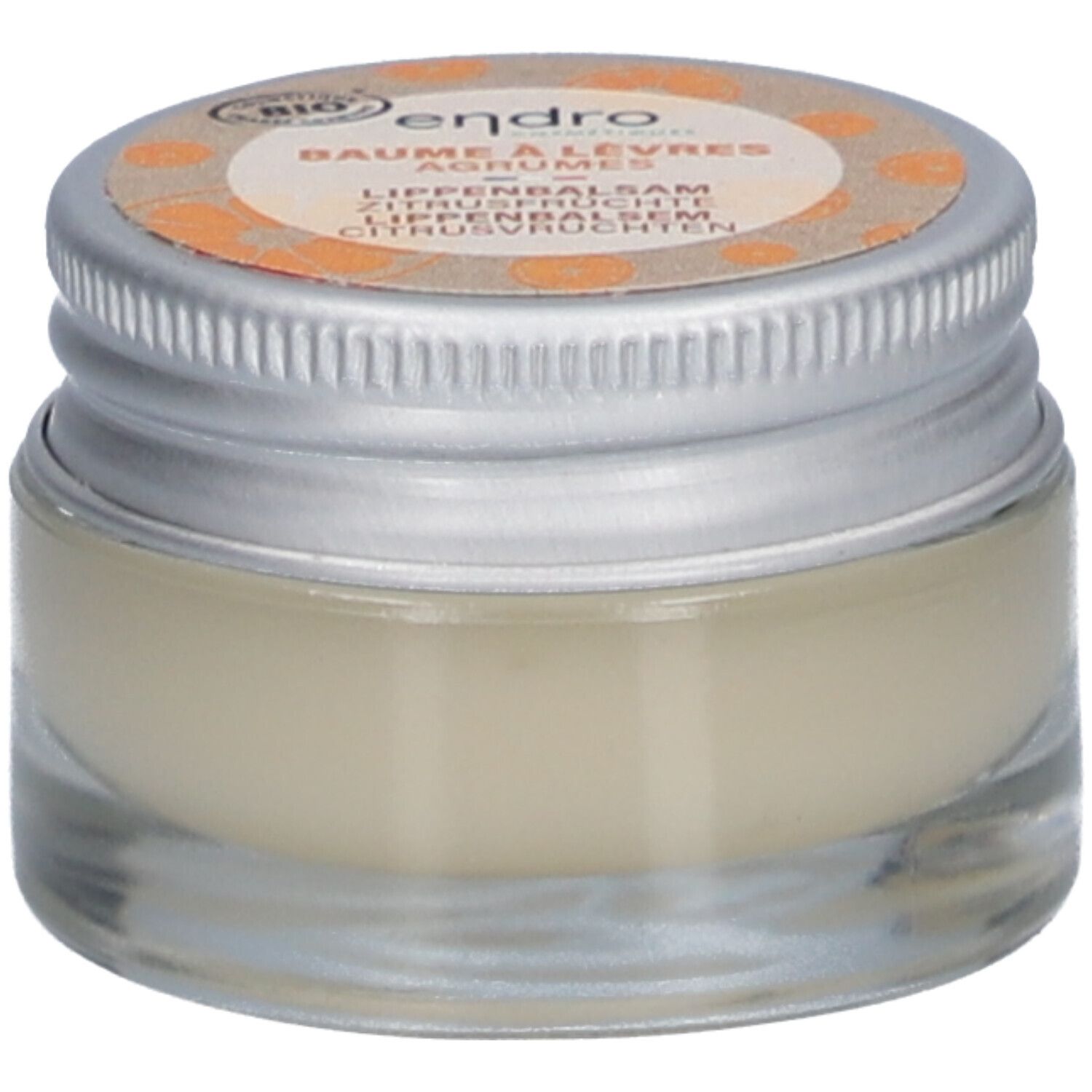 Glasbehälter mit Lippenbalsam. Deckel mit Produktbezeichnung und Bio-Siegel. Text: ENDRO, BAUME À LÈVRES, AGRUMES, LIPENBALSAM ZITRUSFRÜCHTE, CITRUSVRUCHTEN.