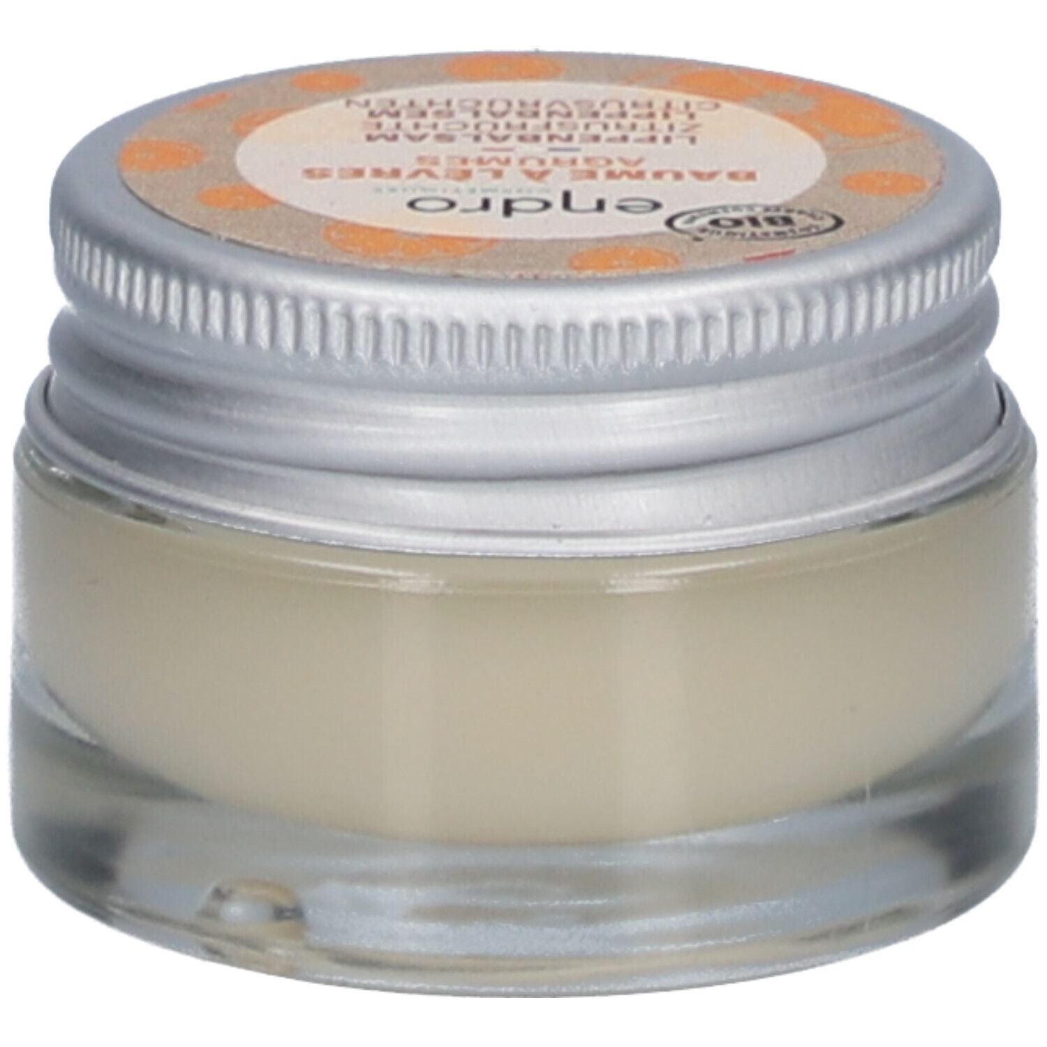Glasbehälter mit Lippenbalsam. Deckel mit Produktbezeichnung und Bio-Siegel. Text: ENDRO, BAUME À LÈVRES, AGRUMES, LIPENBALSAM ZITRUSFRÜCHTE, CITRUSVRUCHTEN.