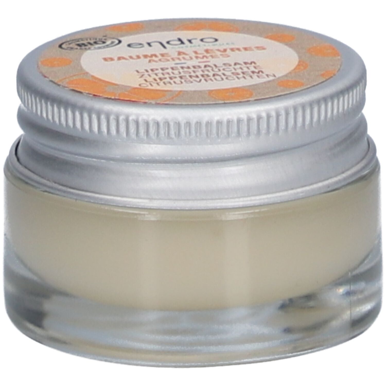 Glasbehälter mit Lippenbalsam. Deckel mit Produktbezeichnung und Bio-Siegel. Text: ENDRO, BAUME À LÈVRES, AGRUMES, LIPENBALSAM ZITRUSFRÜCHTE, CITRUSVRUCHTEN.
