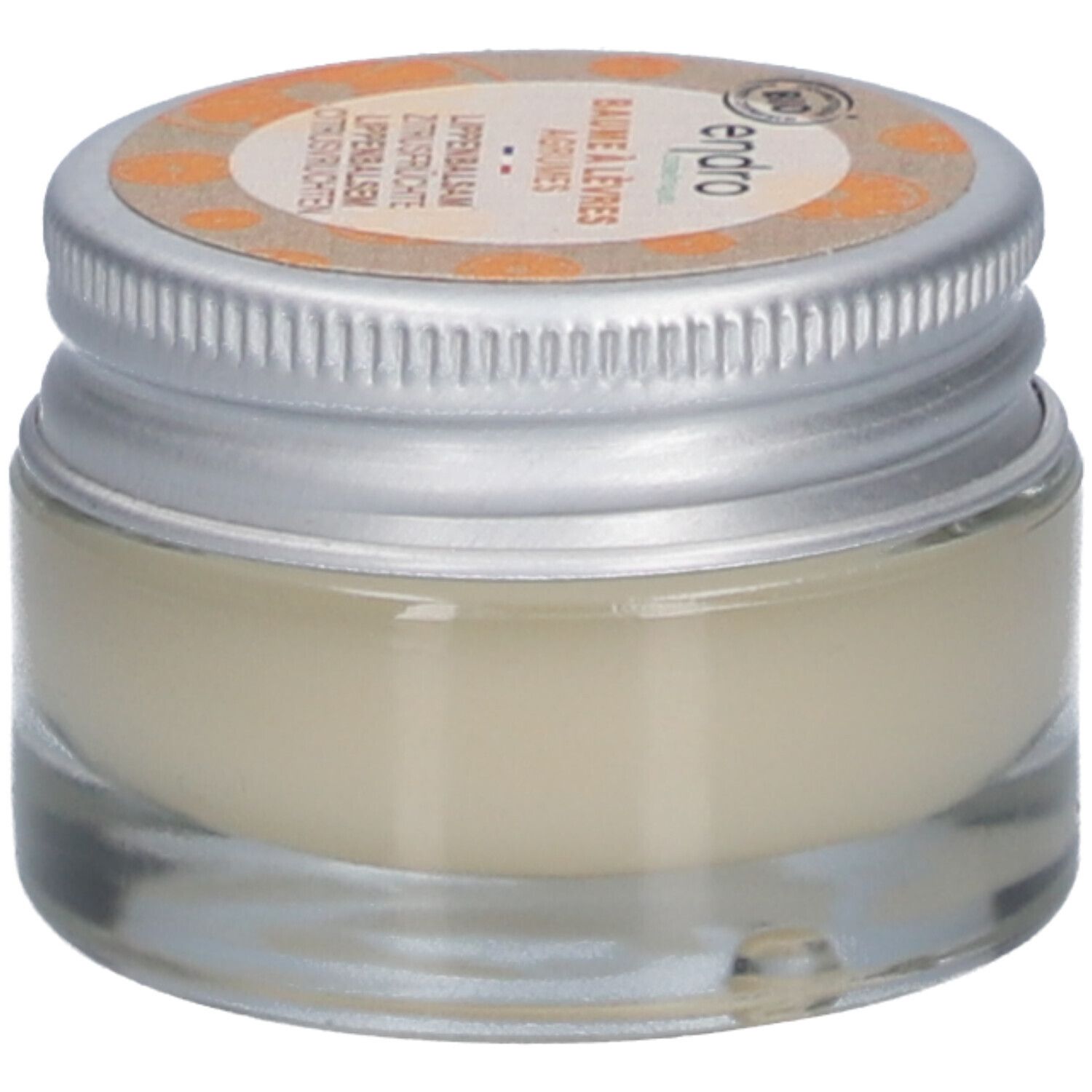 Glasbehälter mit Lippenbalsam. Deckel mit Produktbezeichnung und Bio-Siegel. Text: ENDRO, BAUME À LÈVRES, AGRUMES, LIPENBALSAM ZITRUSFRÜCHTE, CITRUSVRUCHTEN.