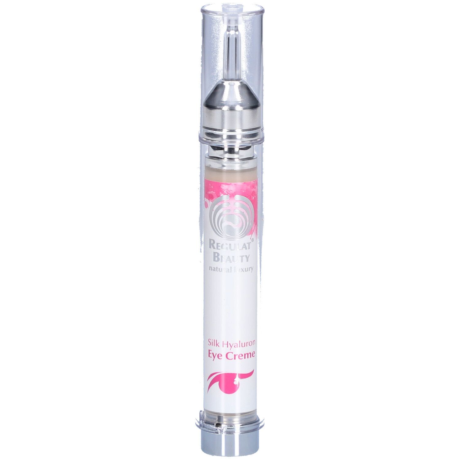 Augencreme in einer transparenten Flasche mit silberfarbenen Elementen. Beschriftung: Silk Hyaluron Eye Creme.