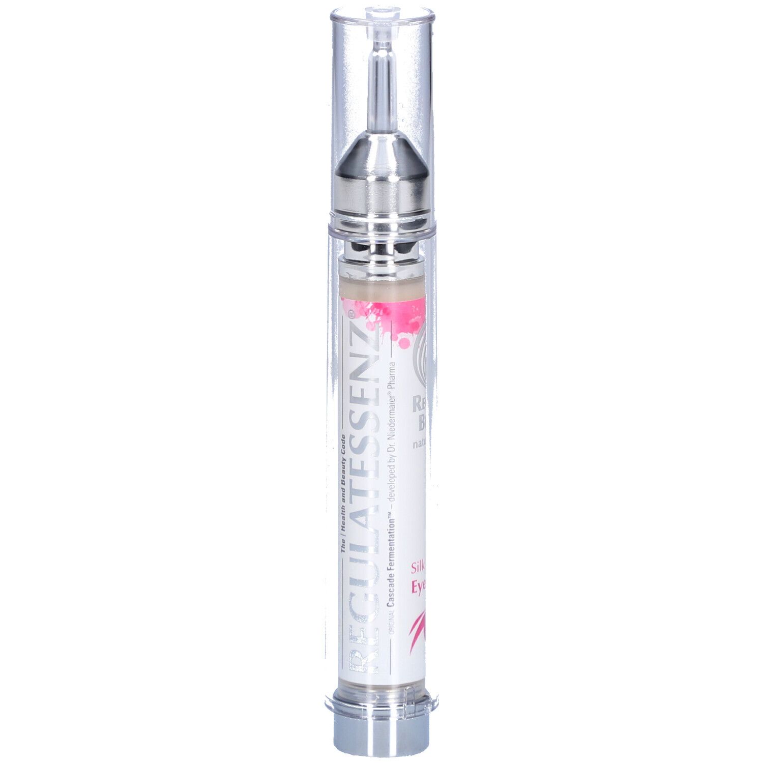Augencreme in einer transparenten Flasche mit silberfarbenen Elementen. Beschriftung: Silk Hyaluron Eye Creme.