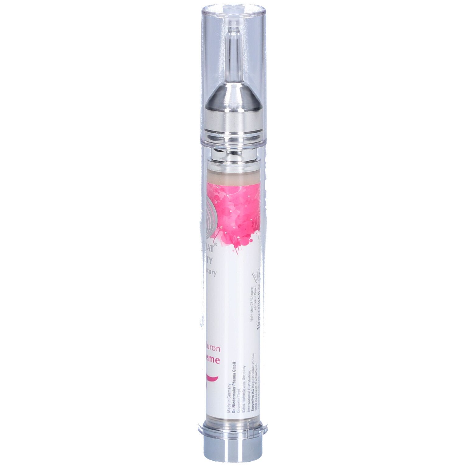 Augencreme in einer transparenten Flasche mit silberfarbenen Elementen. Beschriftung: Silk Hyaluron Eye Creme.