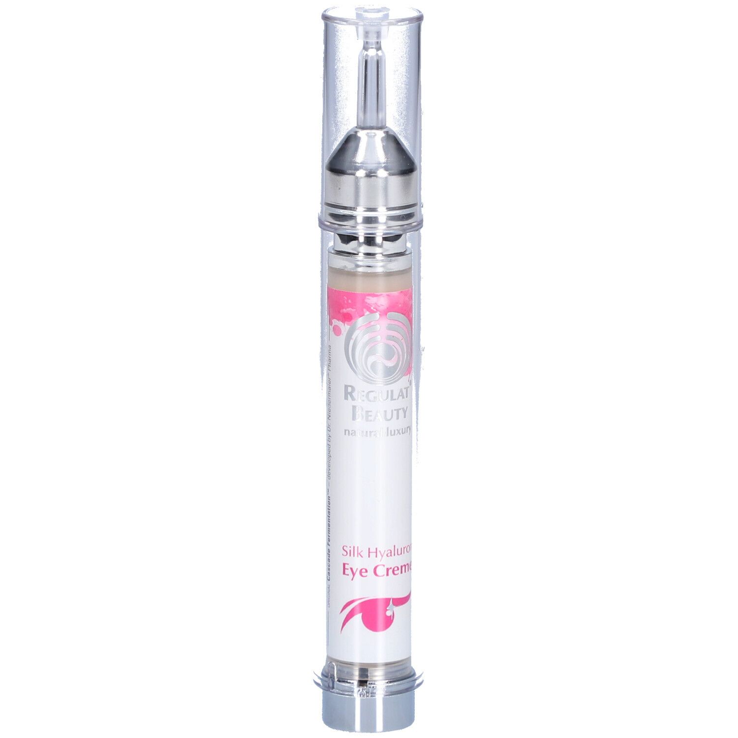 Augencreme in einer transparenten Flasche mit silberfarbenen Elementen. Beschriftung: Silk Hyaluron Eye Creme.