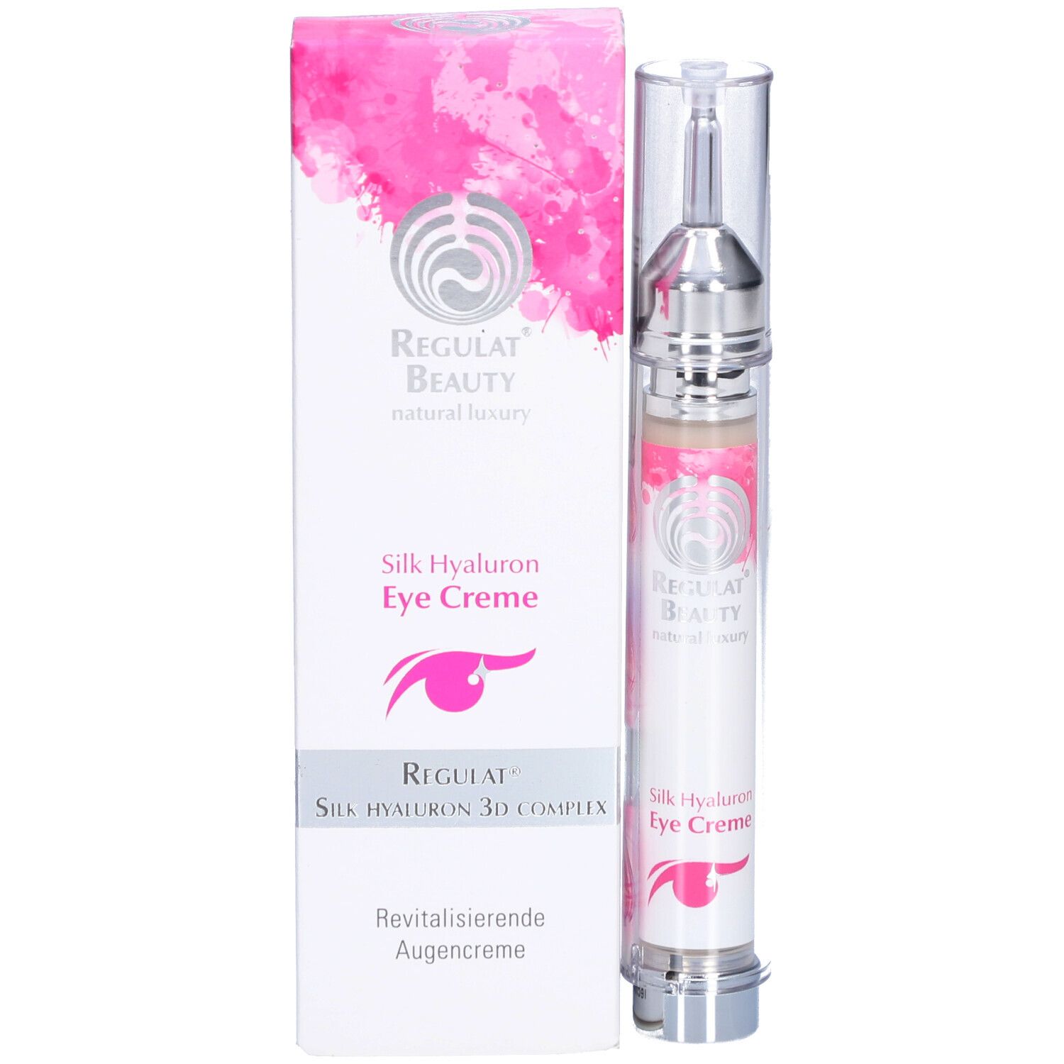 Augencreme und Verpackung. Flasche mit silberfarbenen Elementen. Beschriftung: Silk Hyaluron Eye Creme. Verpackung: Regulat Beauty.