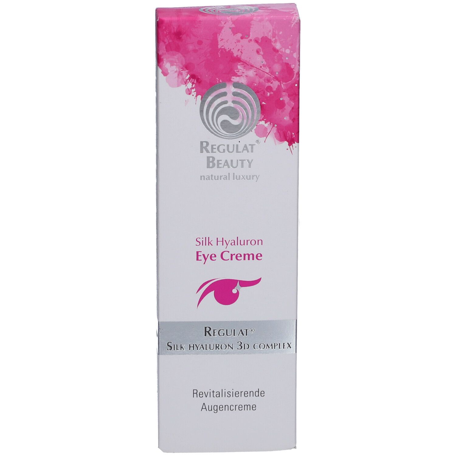 Verpackung für Augencreme. Beschriftung: Regulat Beauty, Silk Hyaluron Eye Creme. Rosa und silberne Elemente.