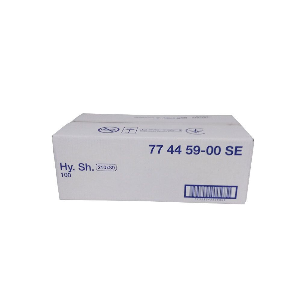 Boîte en carton avec informations produit : Hy. Sh. (210x80), 100 pièces, code-barres et numéro.