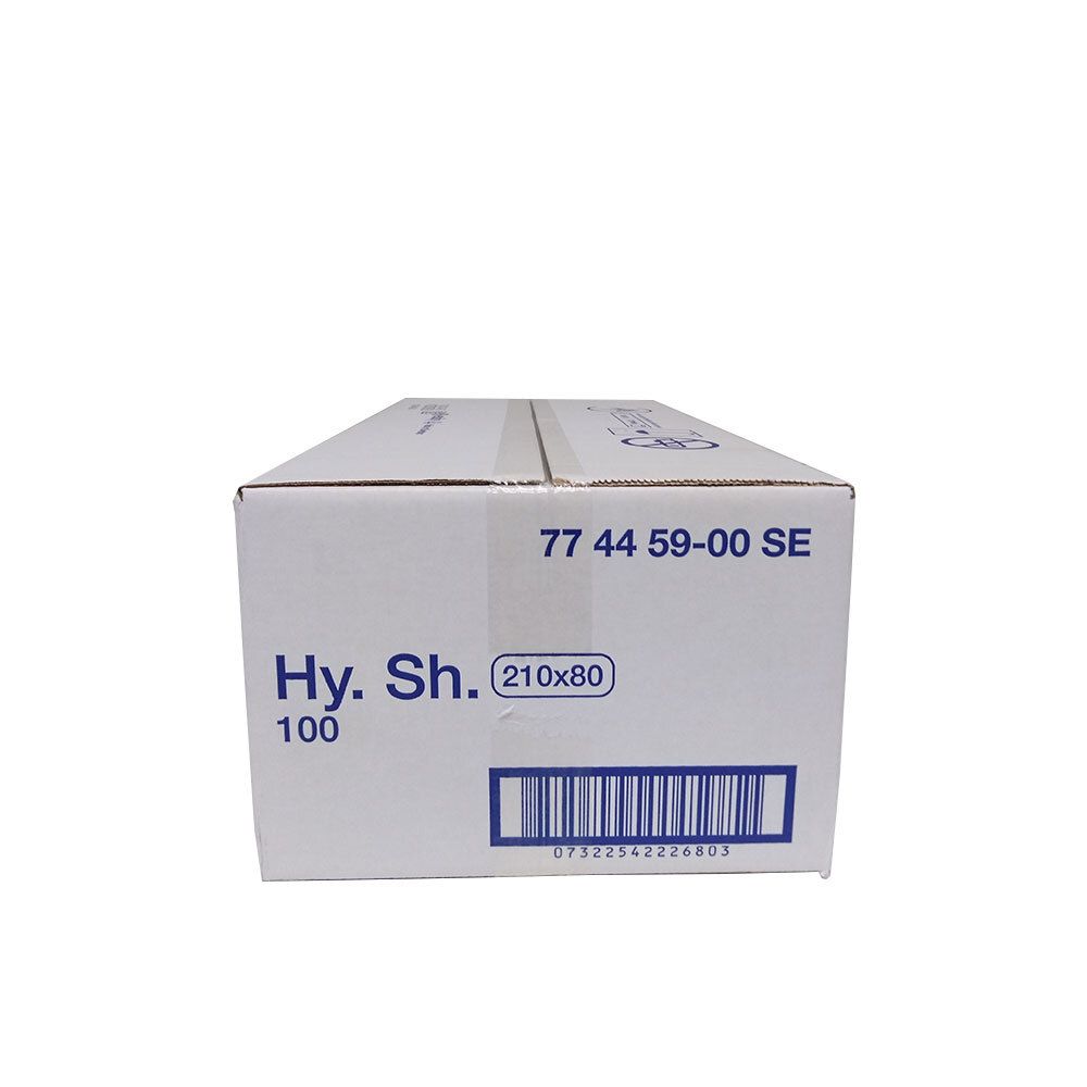 Boîte en carton avec informations produit : Hy. Sh. (210x80), 100 pièces, code-barres et numéro.