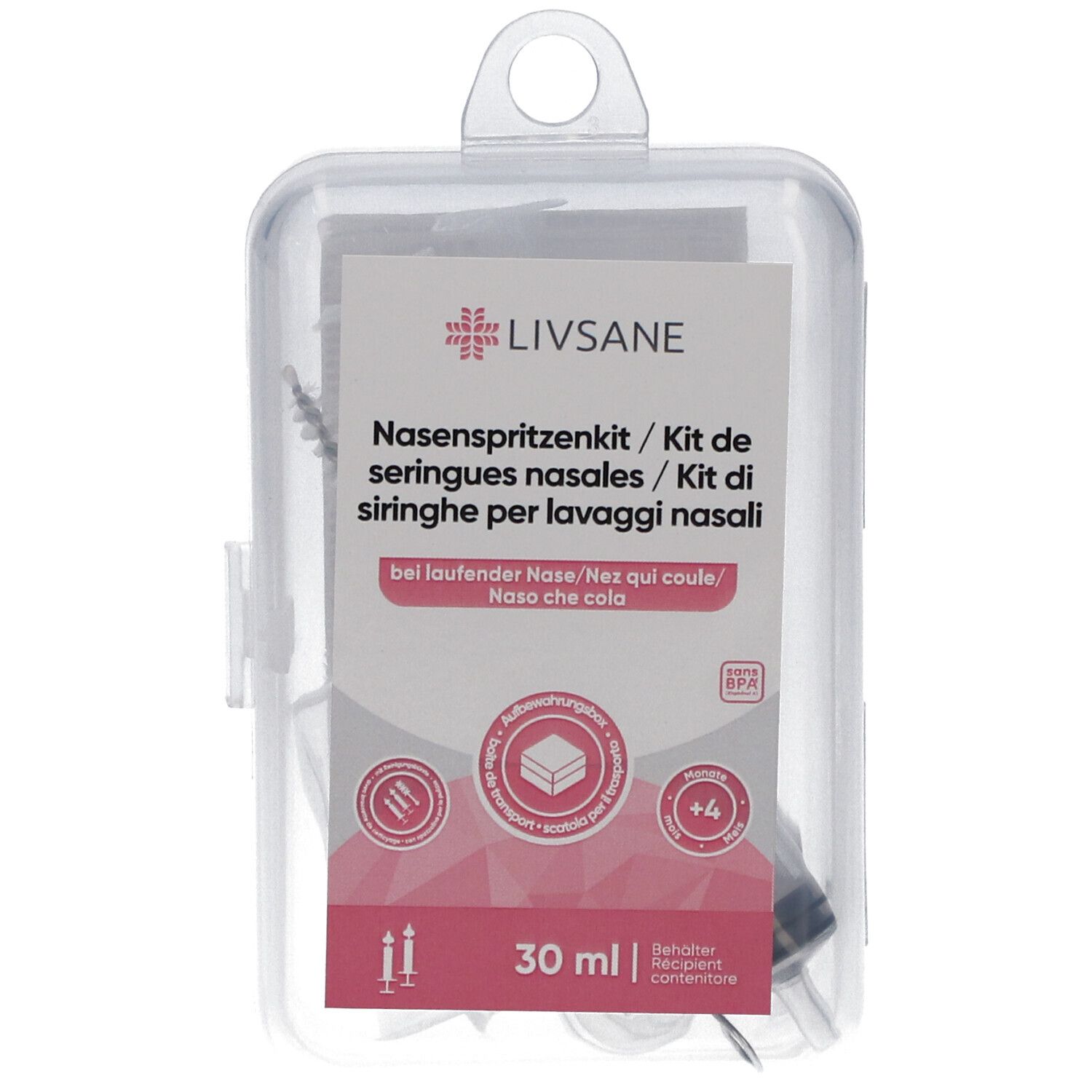Kit de seringues nasales dans une boîte transparente. Comprend seringue, embout et notice. 30 ml.