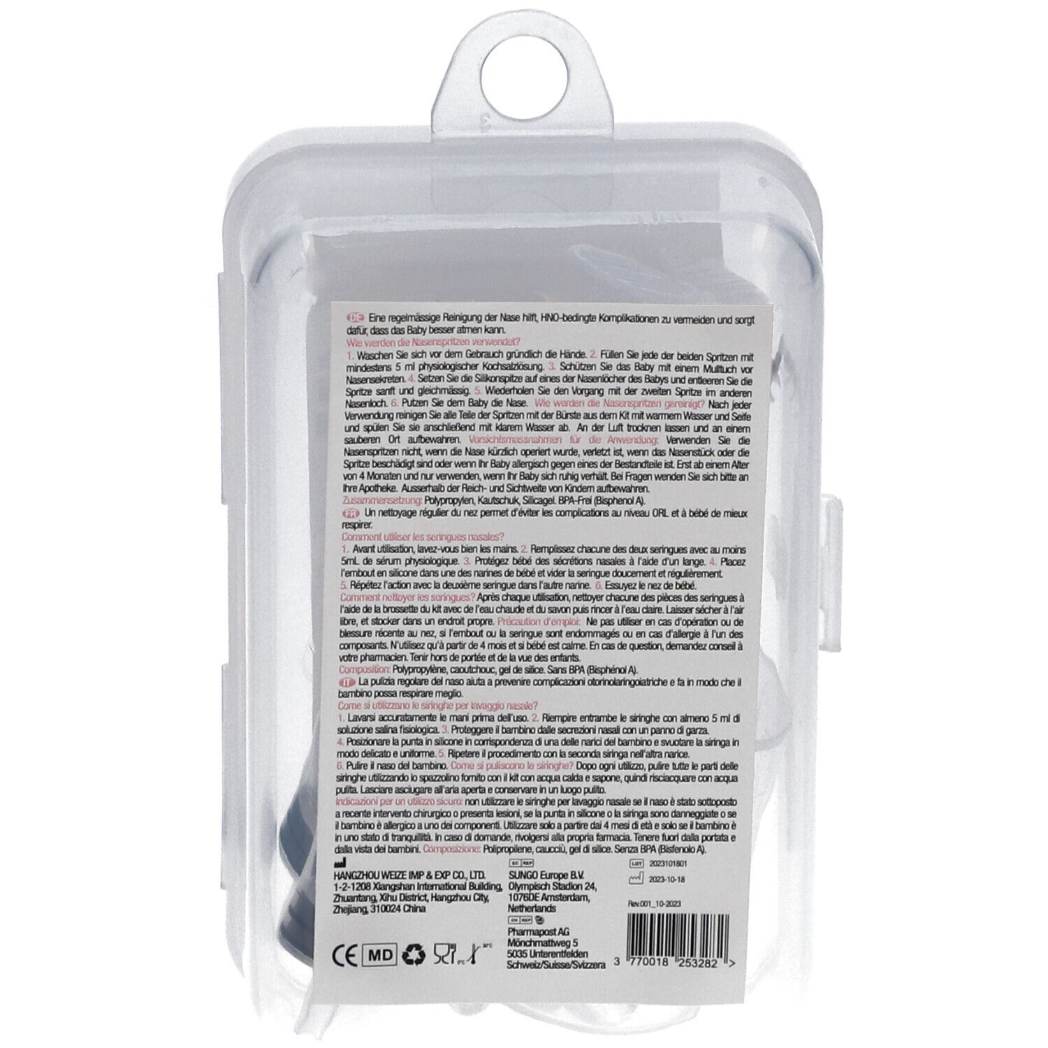 Dos de l'emballage avec texte et informations sur le produit. Boîte transparente.