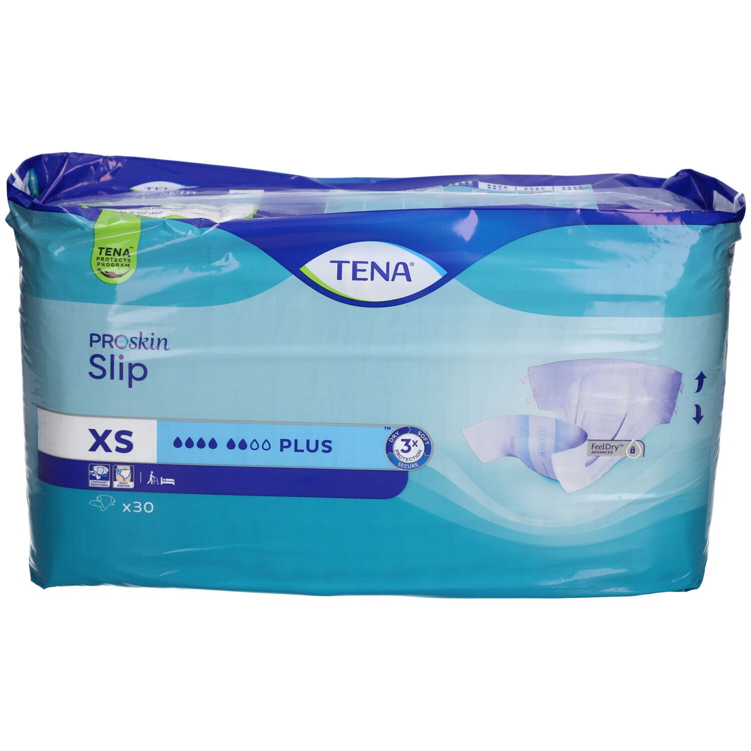 Paquet TENA Slip XS, bleu et blanc. Nom du produit, taille, absorption et quantité. Logo TENA et label de qualité.