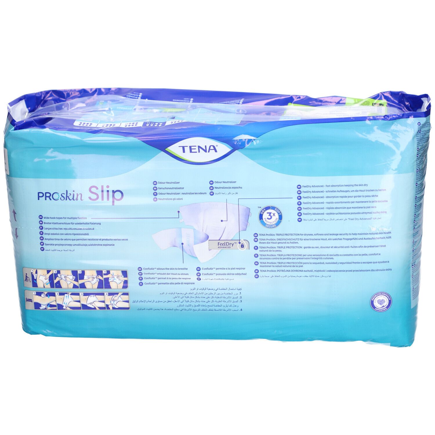 Dos du paquet TENA Slip XS. Nom du produit, taille et informations. Illustrations et logo.