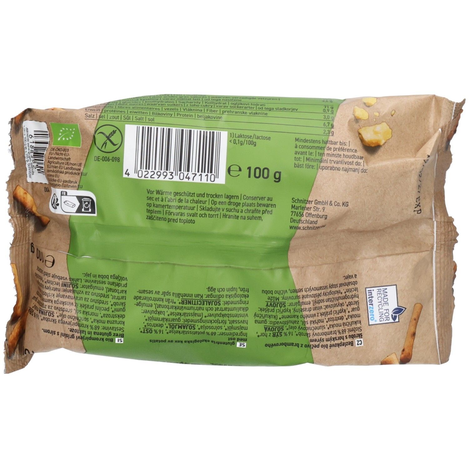 Rückseite einer Packung Schnitzer Bio Grissini Käse, glutenfrei, 100g.