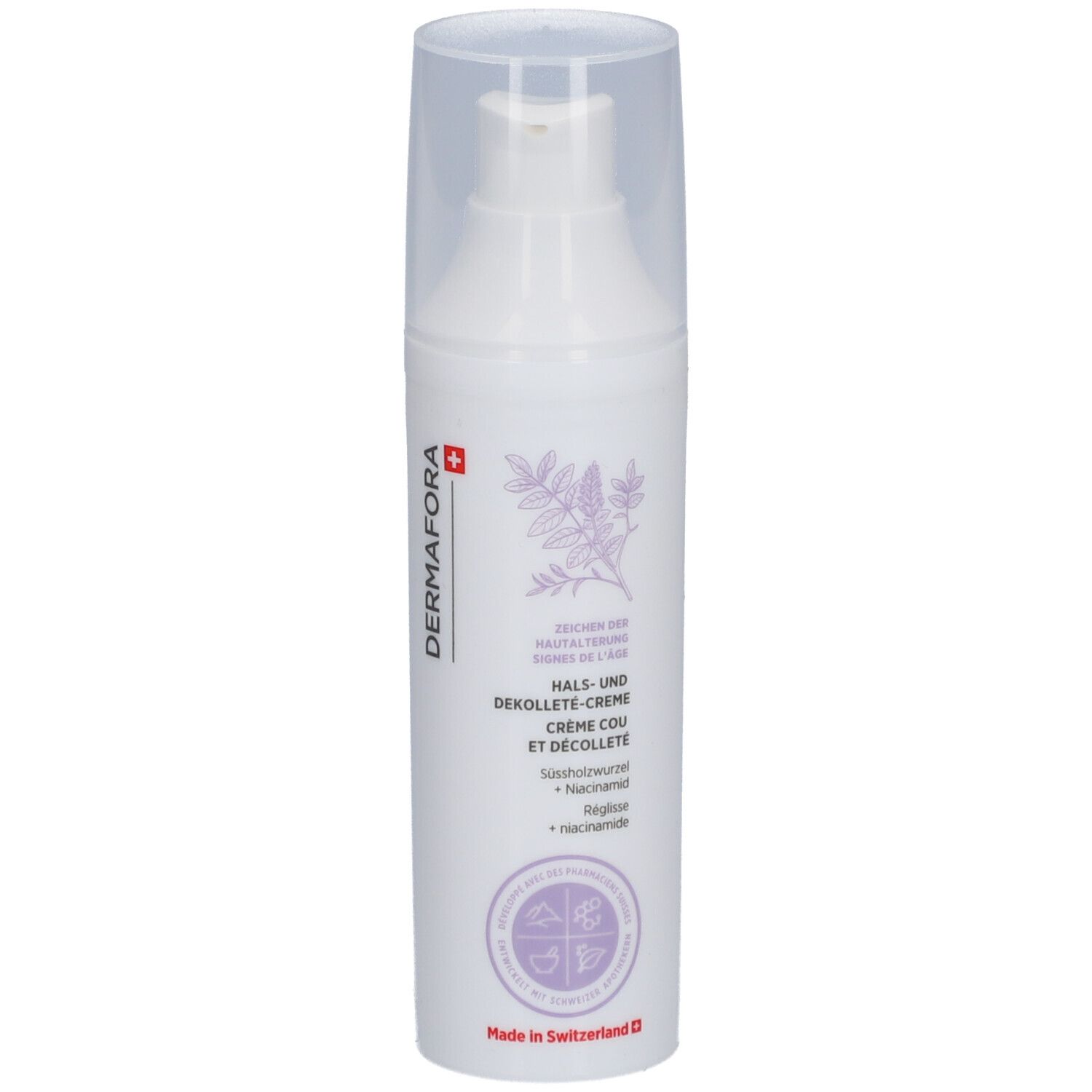 Flacon blanc avec pompe. Inscription: Dermafora, Crème Cou et Décolleté. Avec croix suisse.