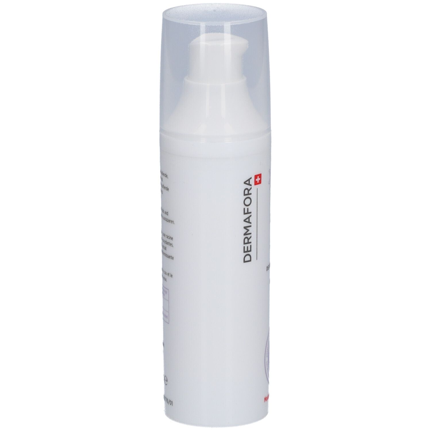 Flacon blanc avec pompe. Inscription: Dermafora. Informations produit sur le côté.