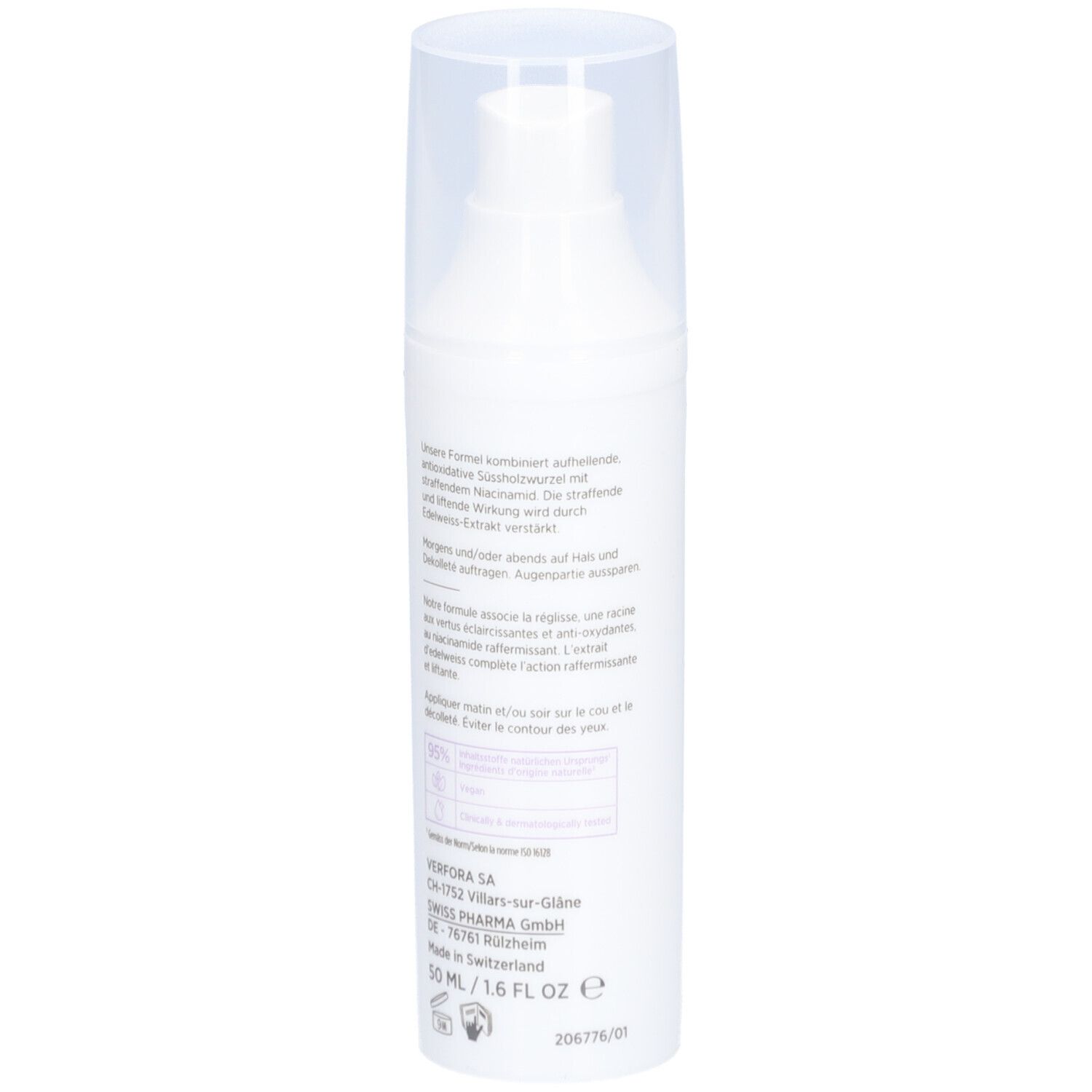 Flacon blanc avec pompe. Informations produit et ingrédients. Inscription: 50 ml / 1.6 FL OZ.
