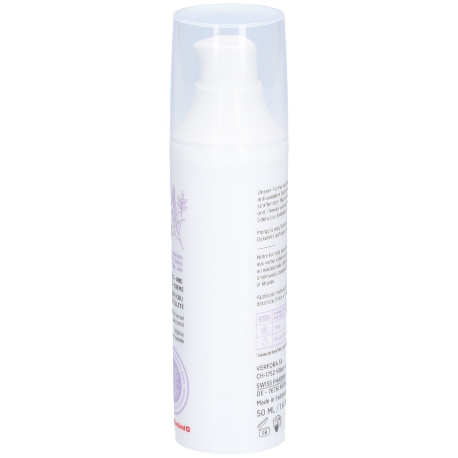 Flacon blanc avec pompe. Informations produit sur le côté. Inscription: 50 ml / 1.6 FL OZ.