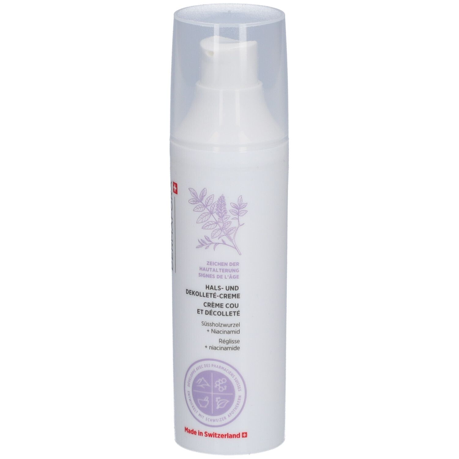 Flacon blanc avec pompe. Inscription: Dermafora, Crème Cou et Décolleté. Avec croix suisse.