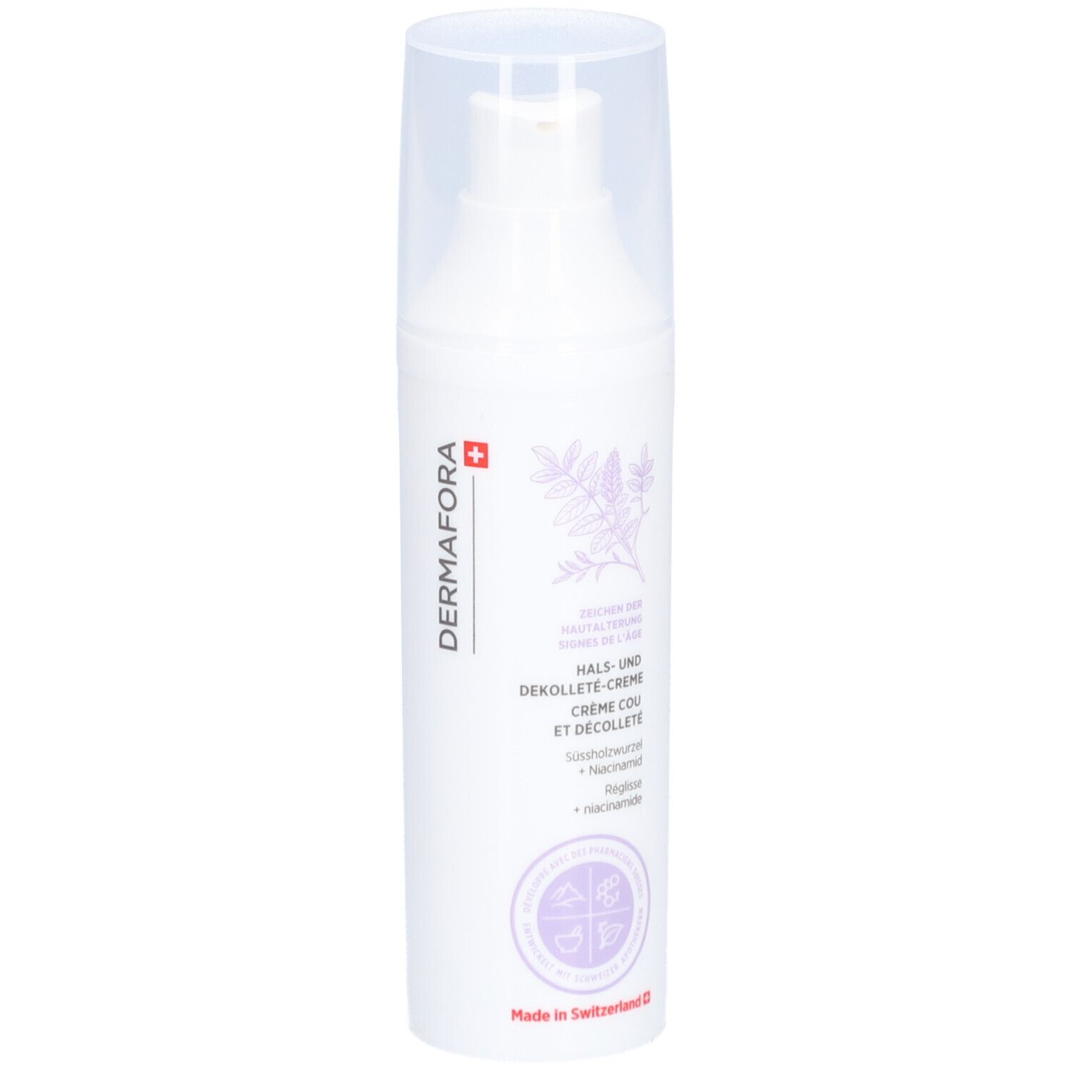 Flacon blanc avec pompe. Inscription: Dermafora, Crème Cou et Décolleté. Avec croix suisse.