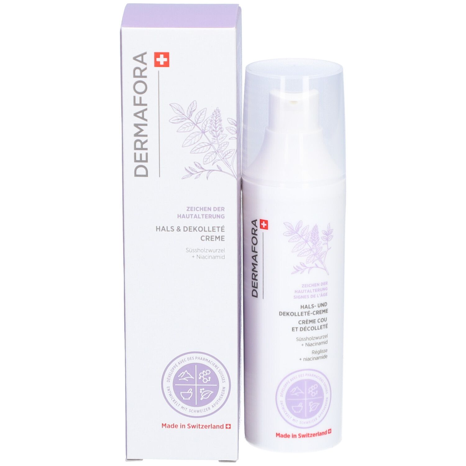 Flacon et emballage. Inscription: Dermafora, Crème Cou et Décolleté. Avec croix suisse.