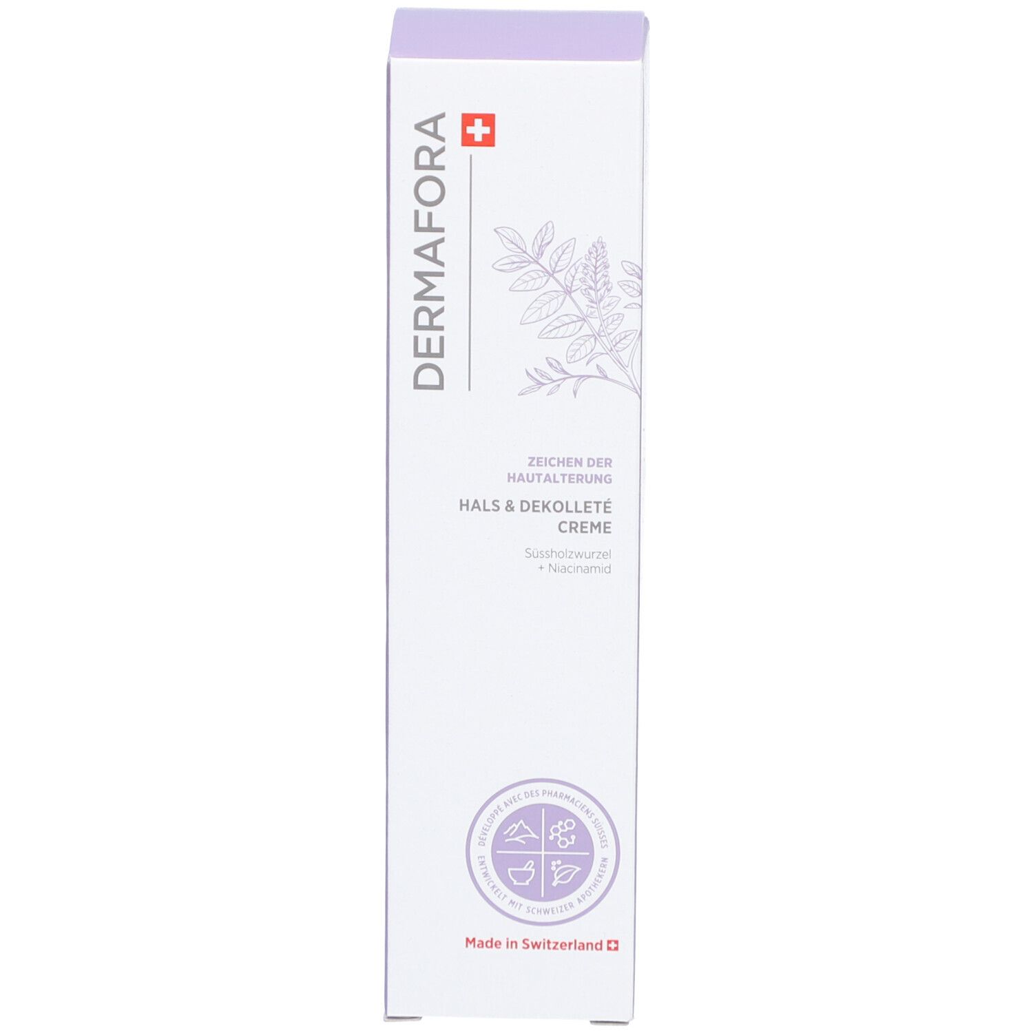 Emballage. Inscription: Dermafora, Crème Cou et Décolleté. Avec croix suisse.