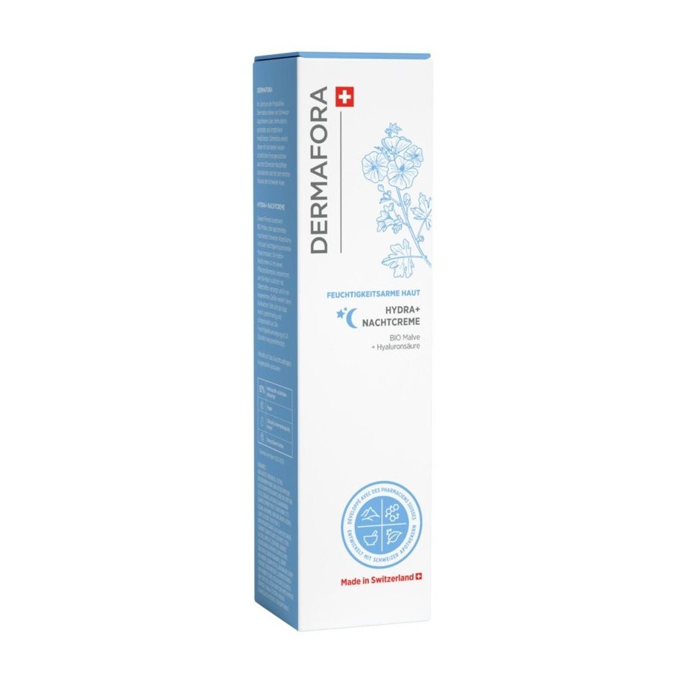 Blau-weiße Verpackung von DERMAFORA Nachtcreme Hydra+. Mit Schweizer Kreuz und floralem Muster. Text: Feuchtigkeitsarme Haut.