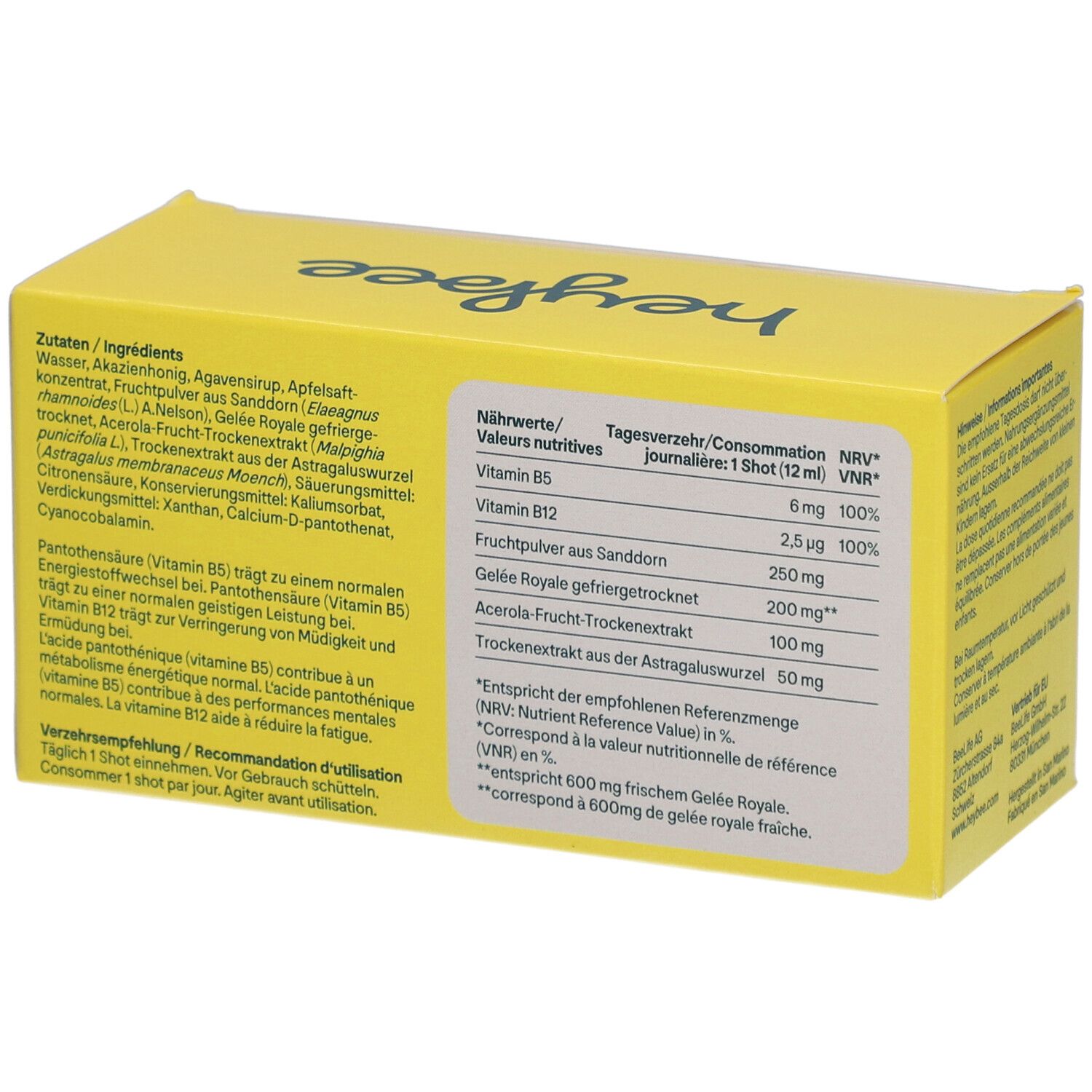 Gelbe Schachtel mit "HEYBEE Gelee Royale Power Shot". Rückseite mit Nährwertangaben und Inhaltsstoffen. Text in Deutsch.