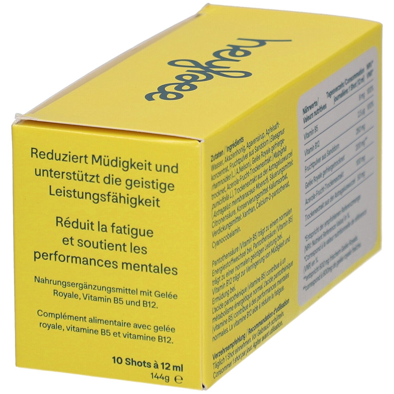 Gelbe Schachtel mit "HEYBEE Gelee Royale Power Shot". Text über Müdigkeit und geistige Leistungsfähigkeit. 10 Shots à 12 ml.