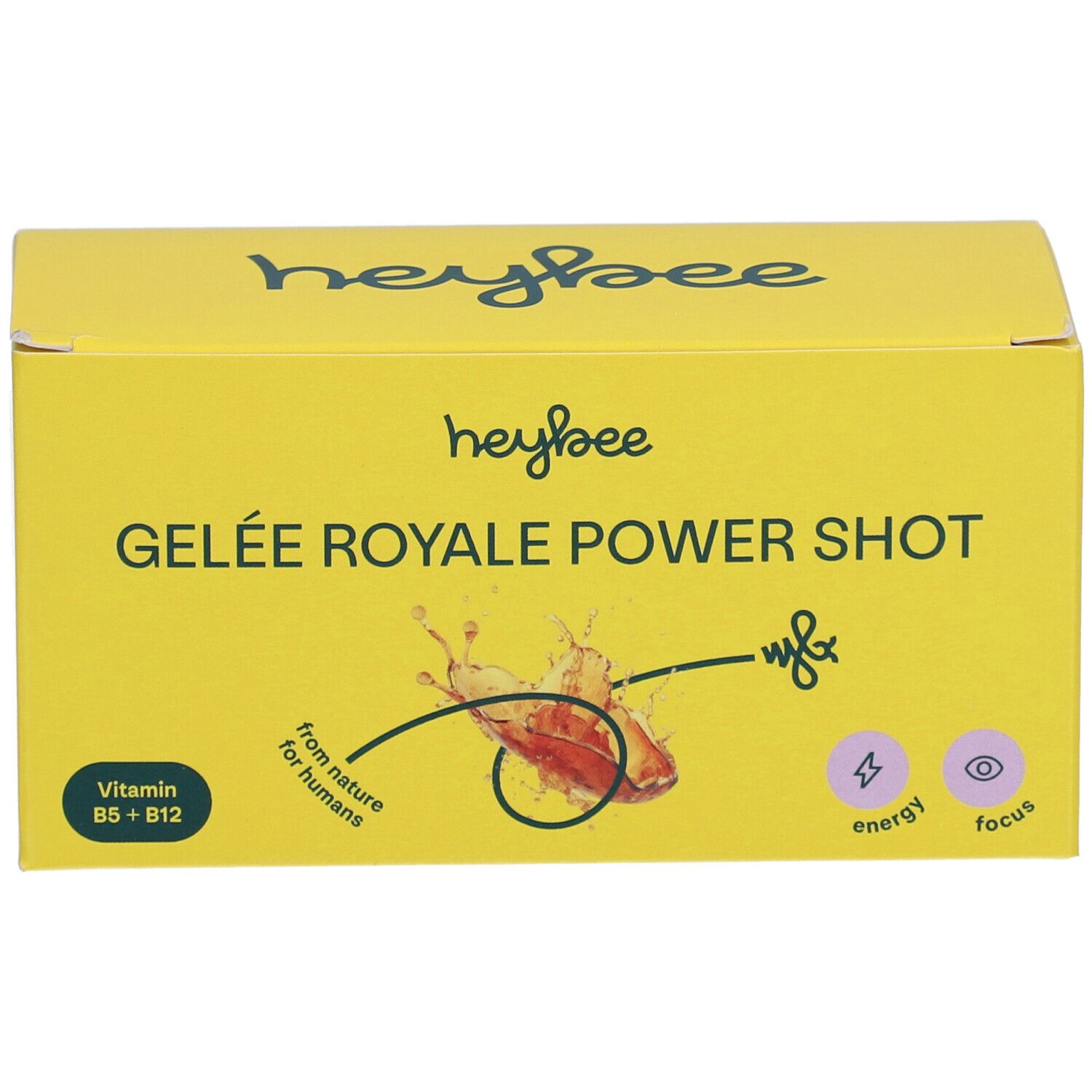 Gelbe Schachtel mit "HEYBEE Gelee Royale Power Shot". Enthält Vitamin B5 + B12. Logo, Produktname und Illustration sind sichtbar.
