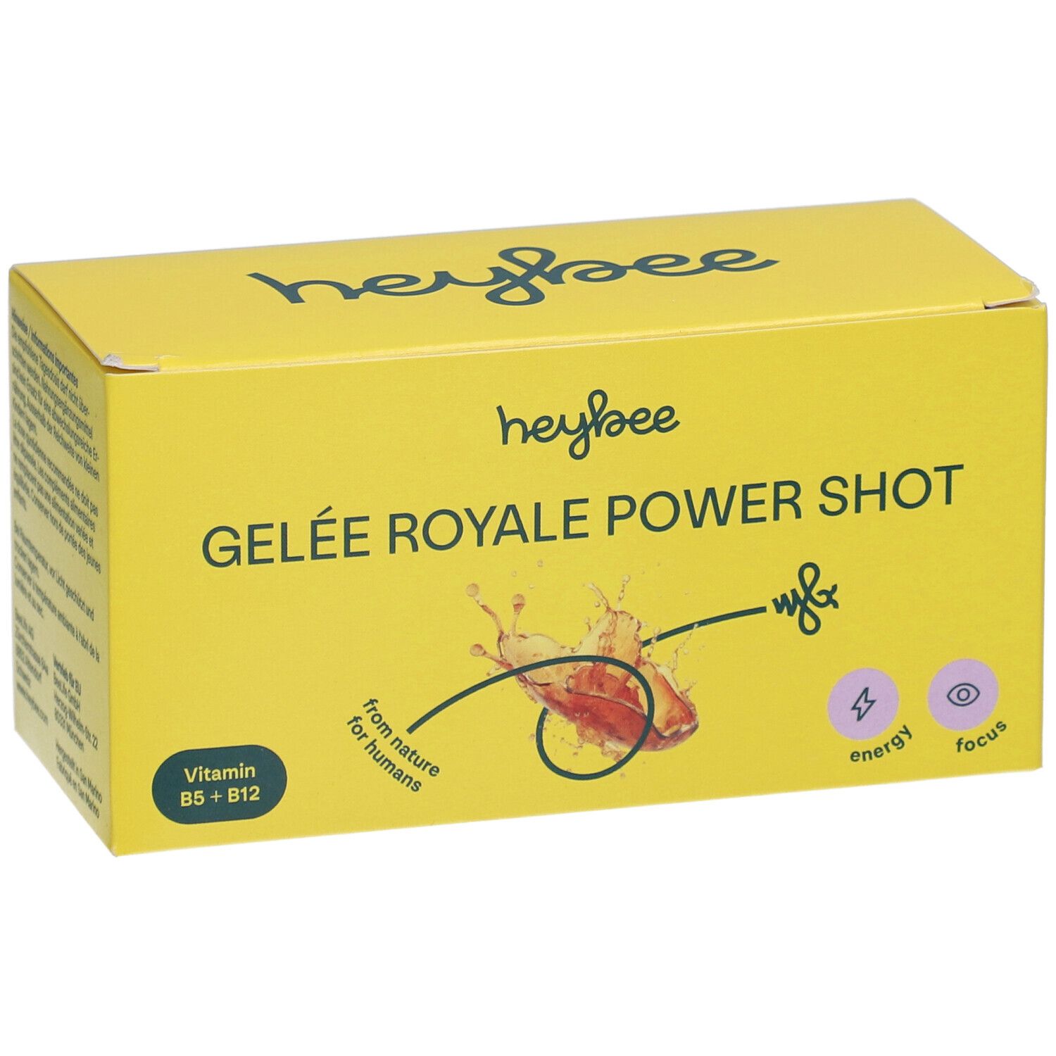 Gelbe Schachtel mit "HEYBEE Gelee Royale Power Shot". Enthält Vitamin B5 + B12. Logo, Produktname und Illustration sind sichtbar.