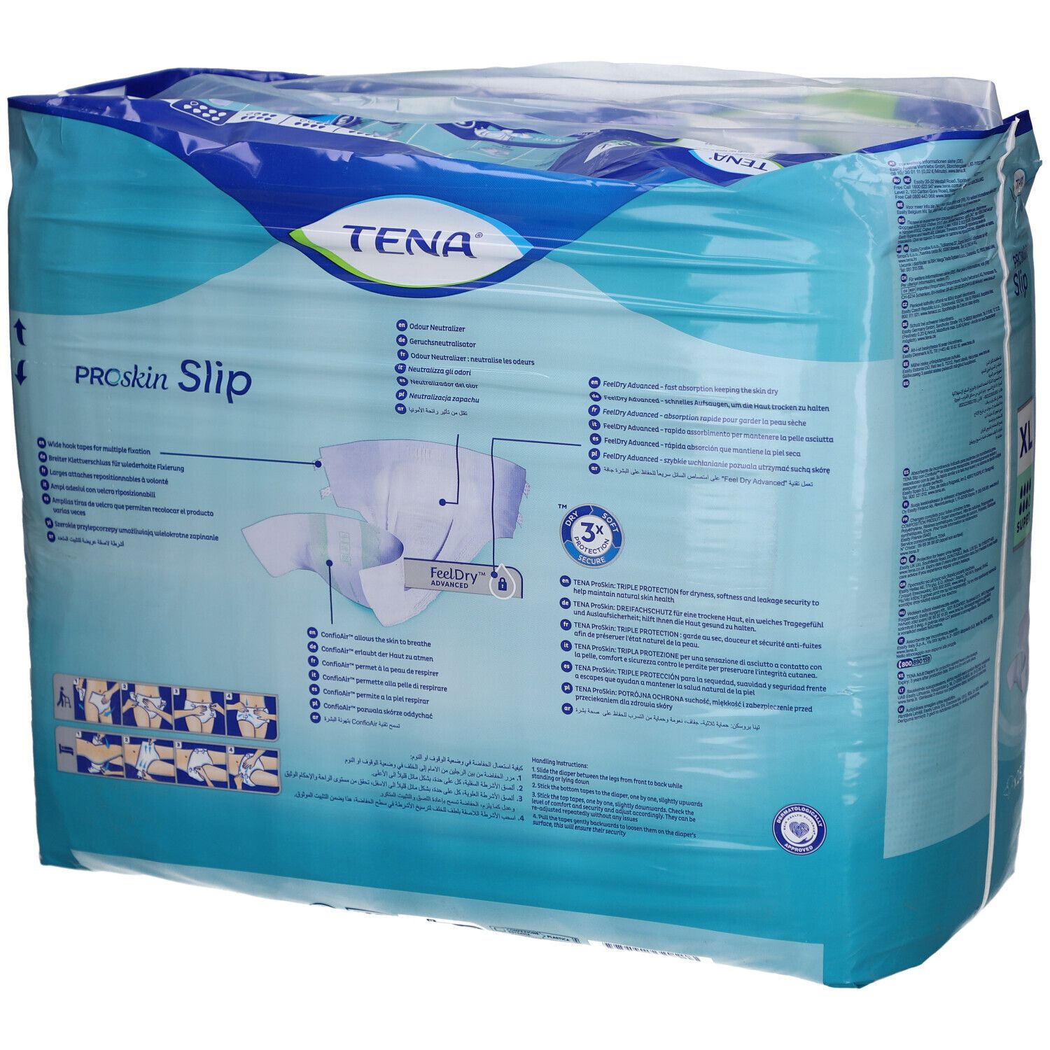 Rückseite der Verpackung TENA ProSkin Slip Super XL. Produktinformationen und Logo. Blau-weiß.