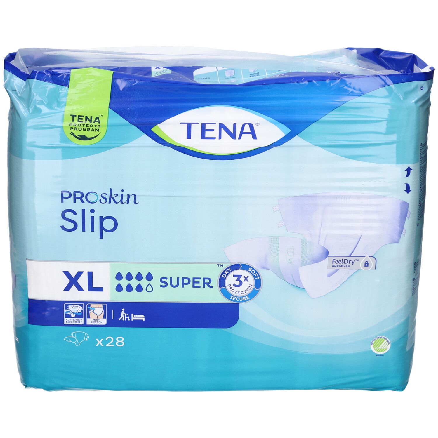 Verpackung TENA ProSkin Slip Super XL. Blau-weiß. XL, Super, 28 Stück. TENA-Logo und Produktbezeichnung.