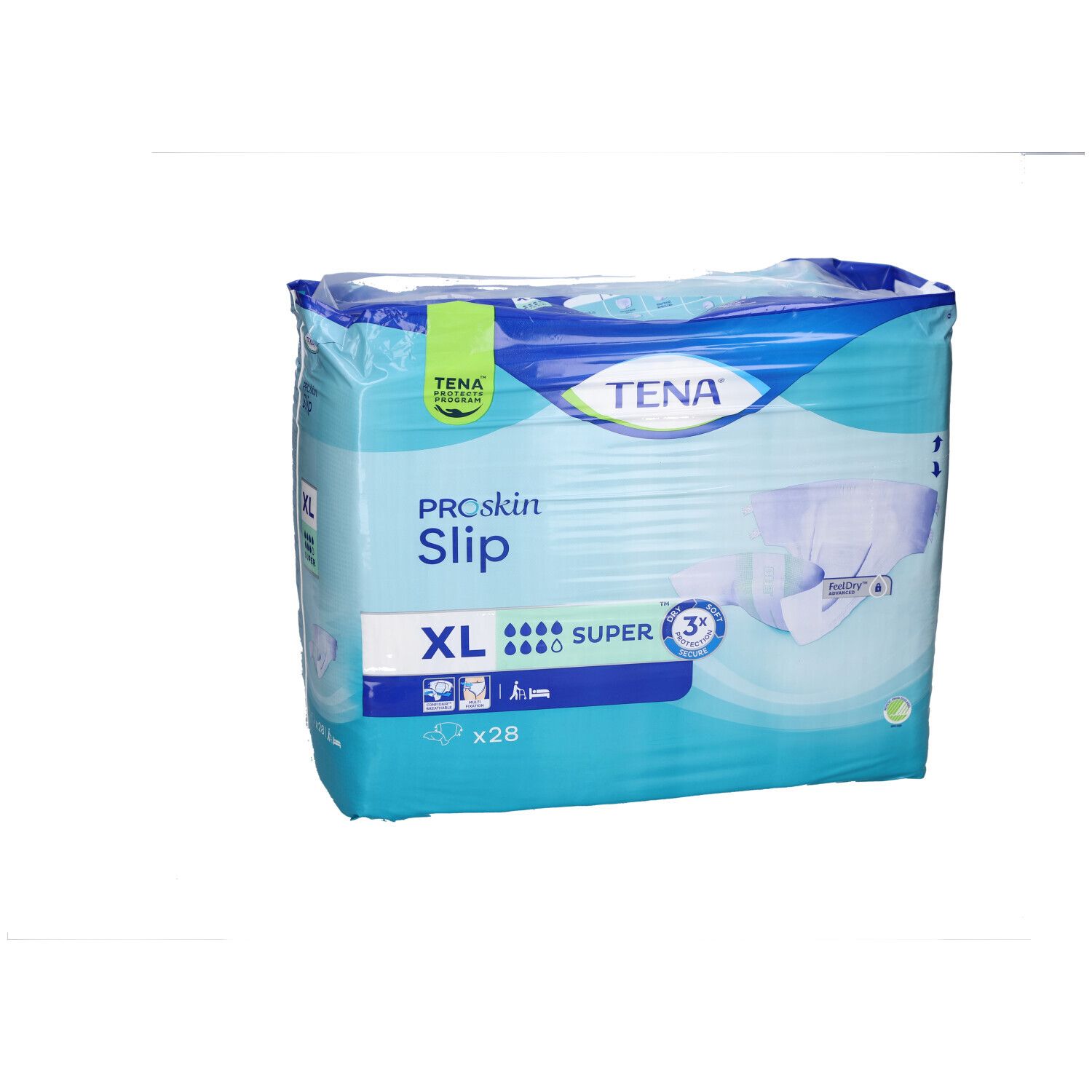 Verpackung TENA ProSkin Slip Super XL. Blau-weiß. XL, Super, 28 Stück. TENA-Logo und Produktbezeichnung. Schrägansicht.