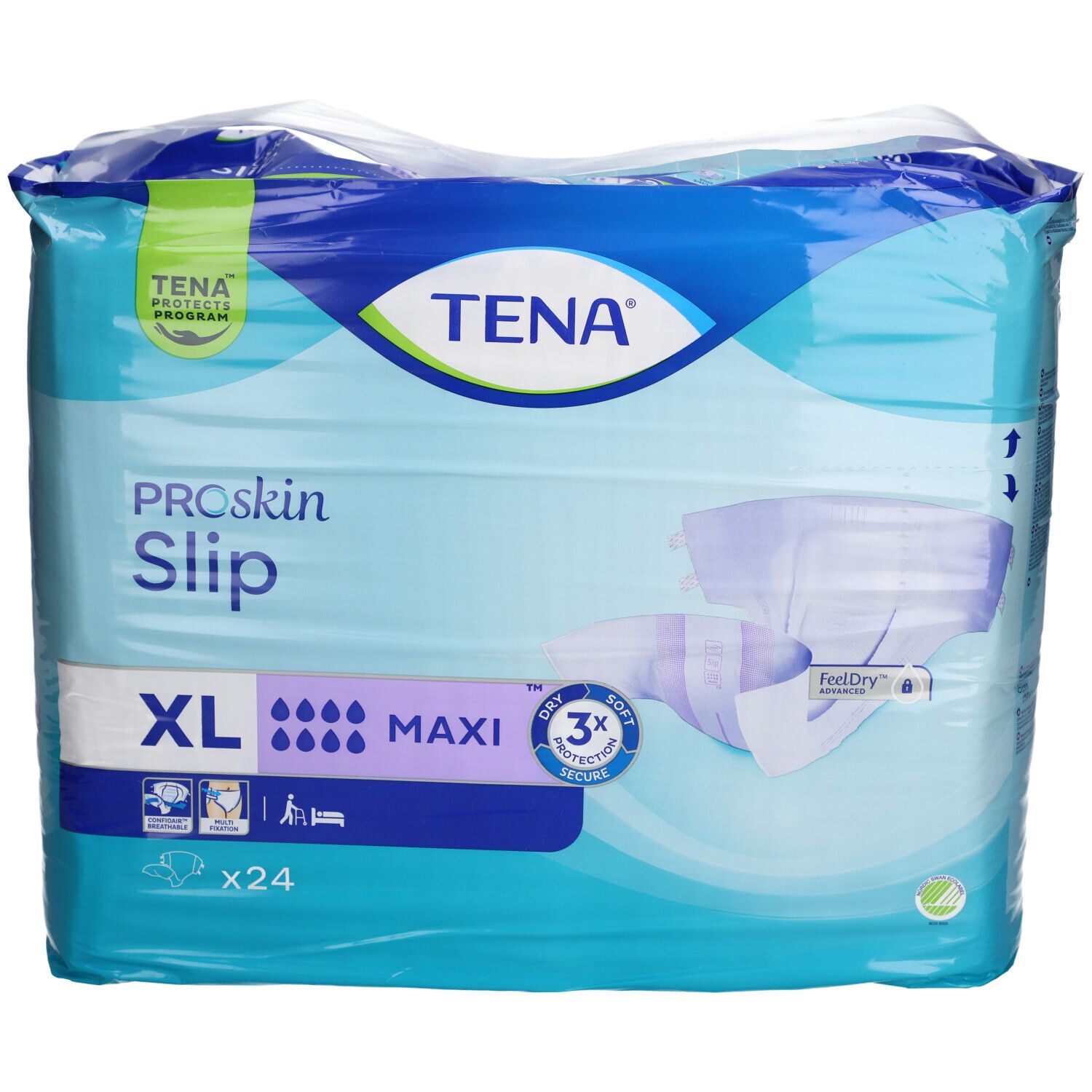 Verpackung TENA ProSkin Slip Maxi XL. XL-Größe, 24 Stück. Mit TENA-Logo und Produktbezeichnung.