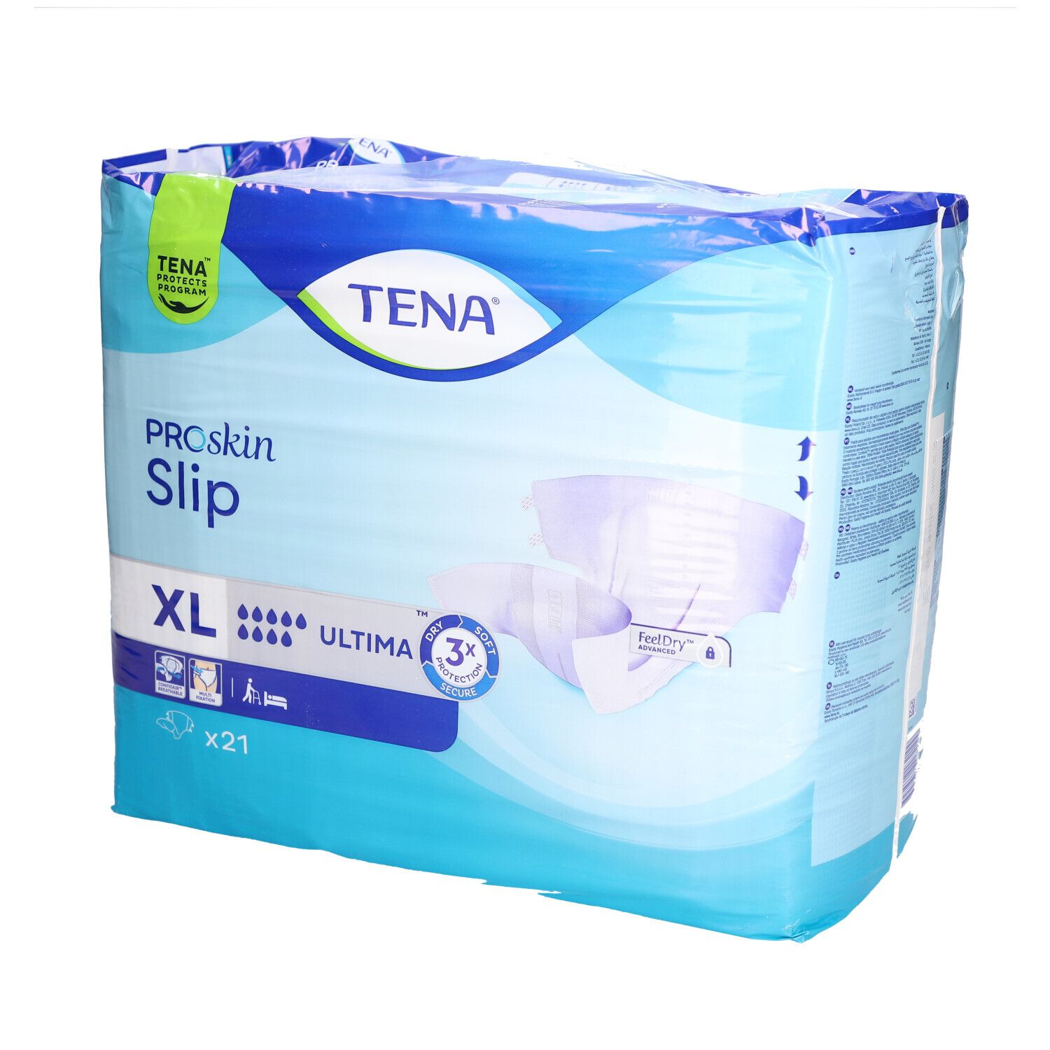 Verpackung TENA Proskin Slip Ultima XL. Blaue Verpackung mit Produktinformationen und Logo. Enthält 21 Stück.