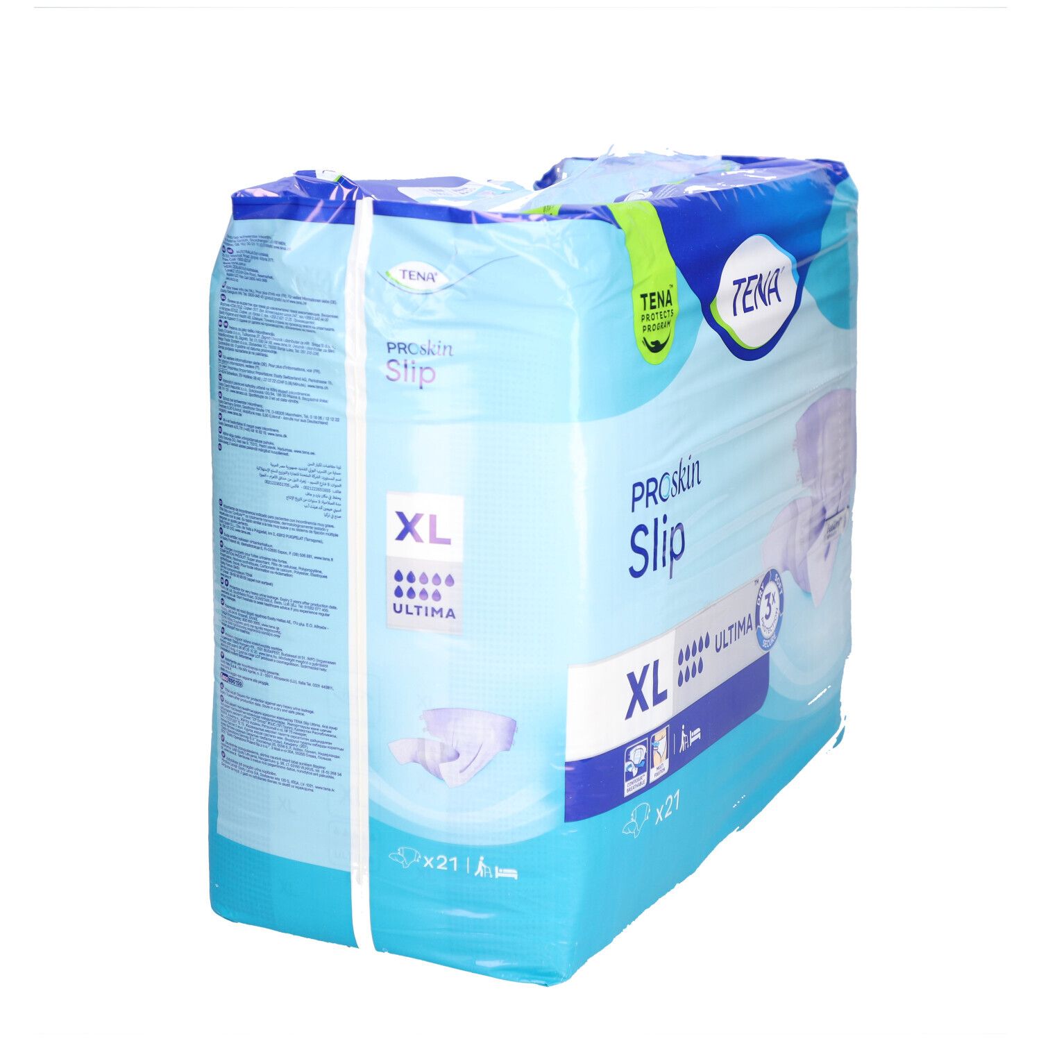 Verpackung TENA Proskin Slip Ultima XL. Blaue Verpackung mit Produktinformationen und Logo. Enthält 21 Stück.