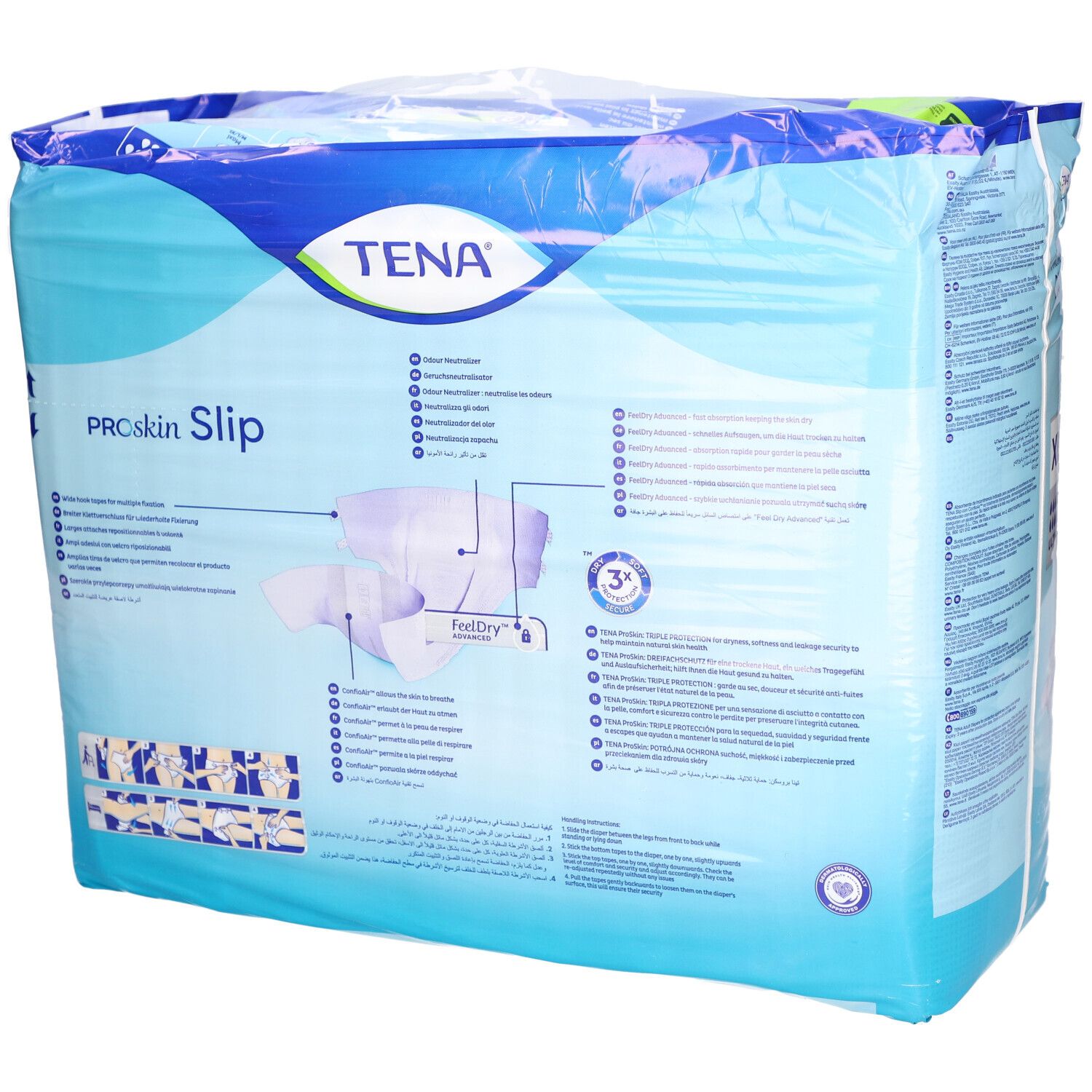 Verpackung TENA Proskin Slip. Blaue Verpackung mit Produktinformationen und Logo. Rückseite mit Piktogrammen.