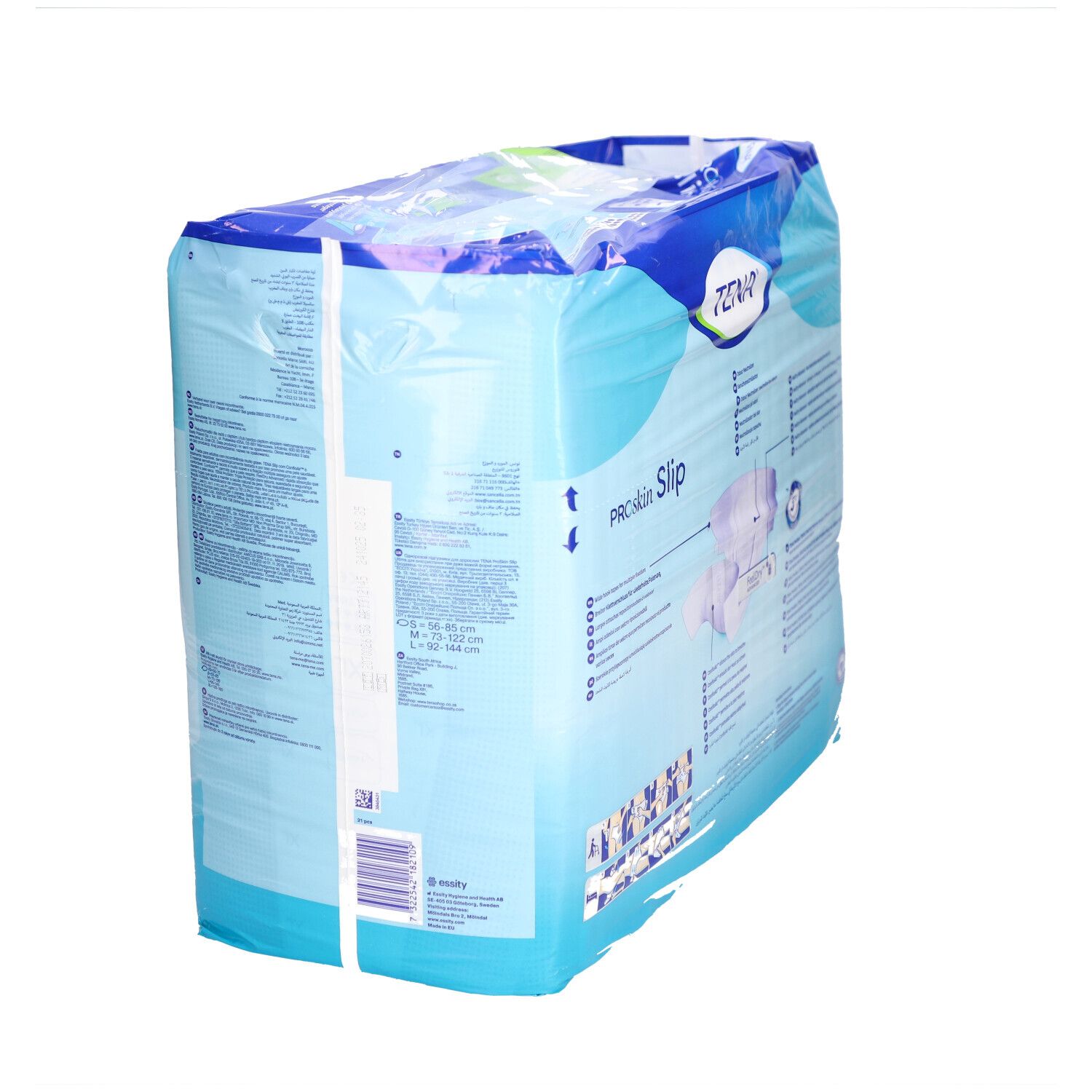 Verpackung TENA Proskin Slip. Blaue Verpackung mit Produktinformationen und Logo. Seitenansicht.