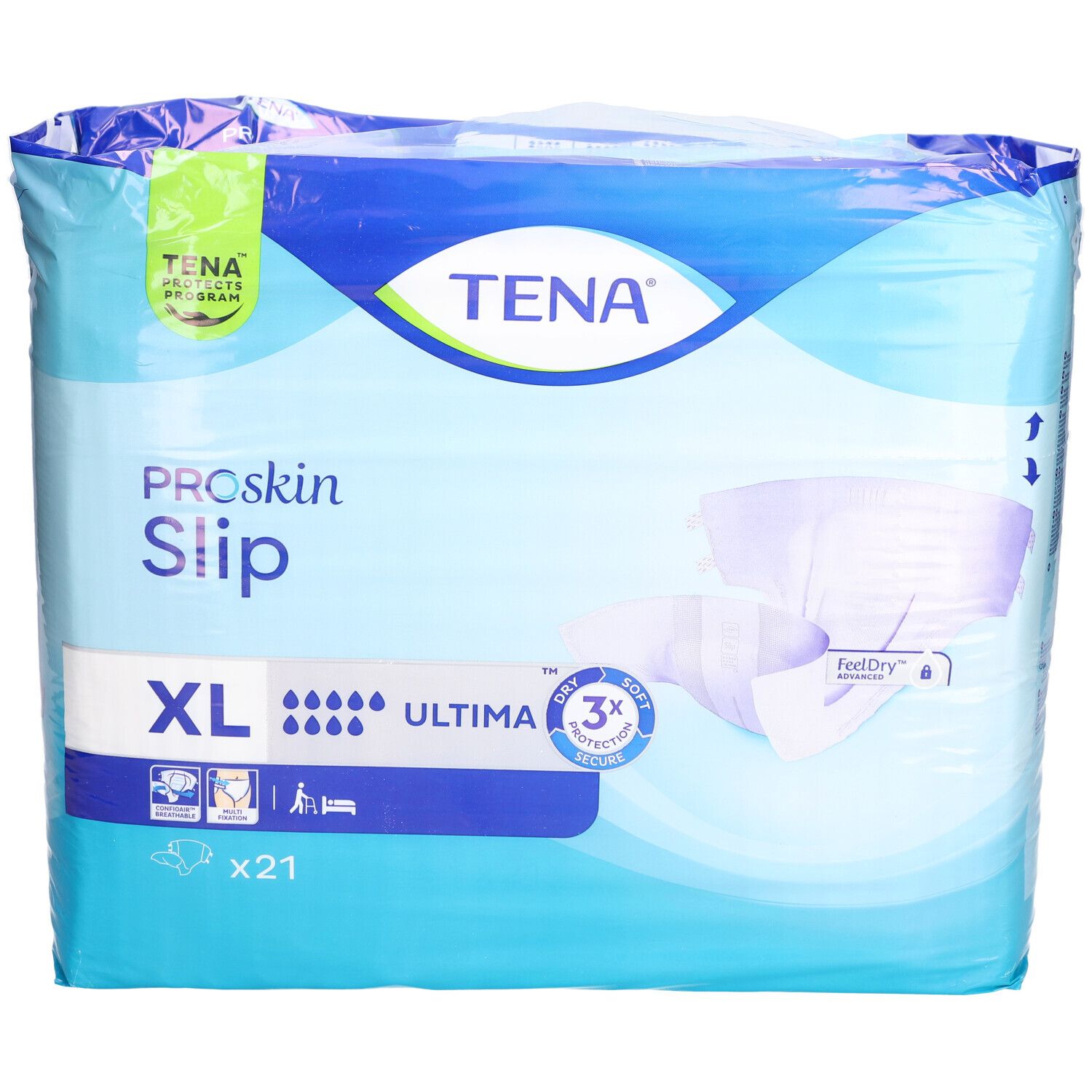 Verpackung TENA Proskin Slip Ultima XL. Blaue Verpackung mit Produktinformationen und Logo. Enthält 21 Stück.