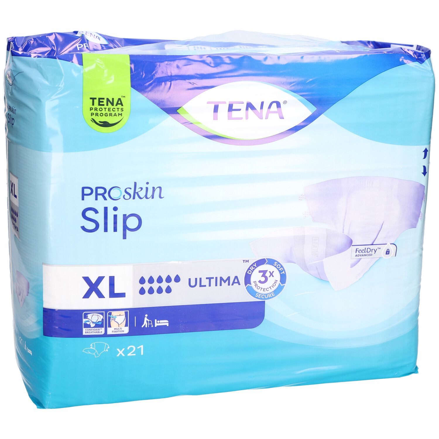 Verpackung TENA Proskin Slip Ultima XL. Blaue Verpackung mit Produktinformationen und Logo. Enthält 21 Stück.