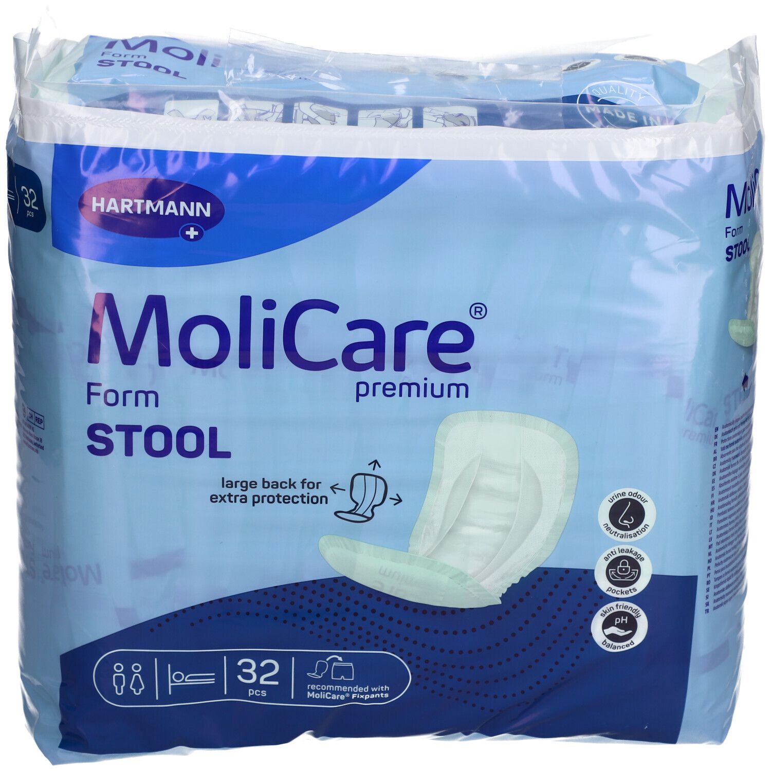 MoliCare® Premium Form STOOL, 32 Stück. Verpackung mit Produktabbildung. Marke und Produktbezeichnung deutlich sichtbar.